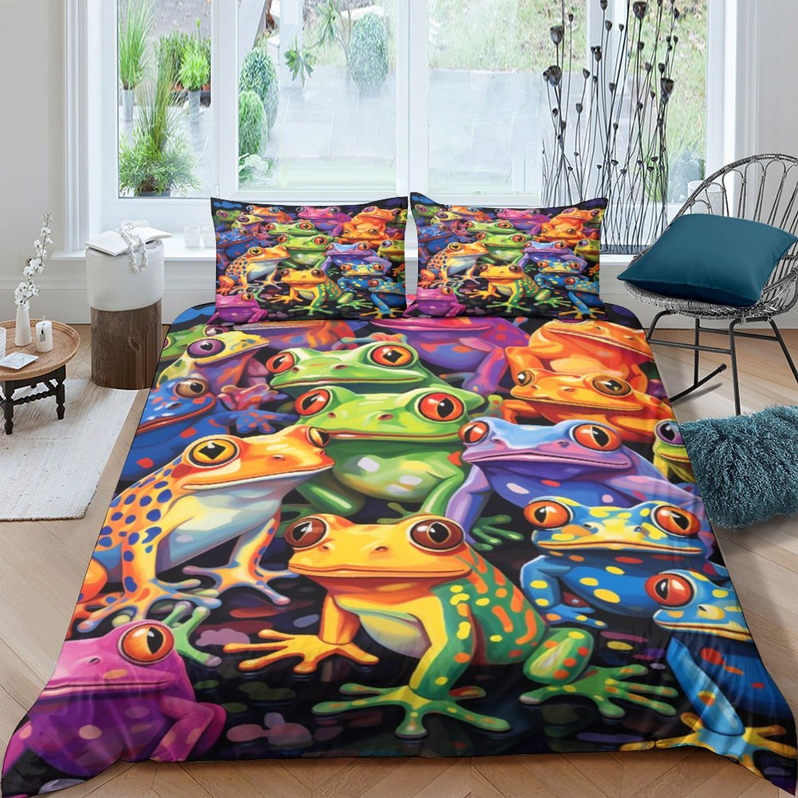 Cartoon Frog 3D for Childrens And Adults Printed Duvet Cover Set with Pillow Cases Wildlife Quilt Bedding Set 3 Piece Set Quilt Cover King（220x240cm）