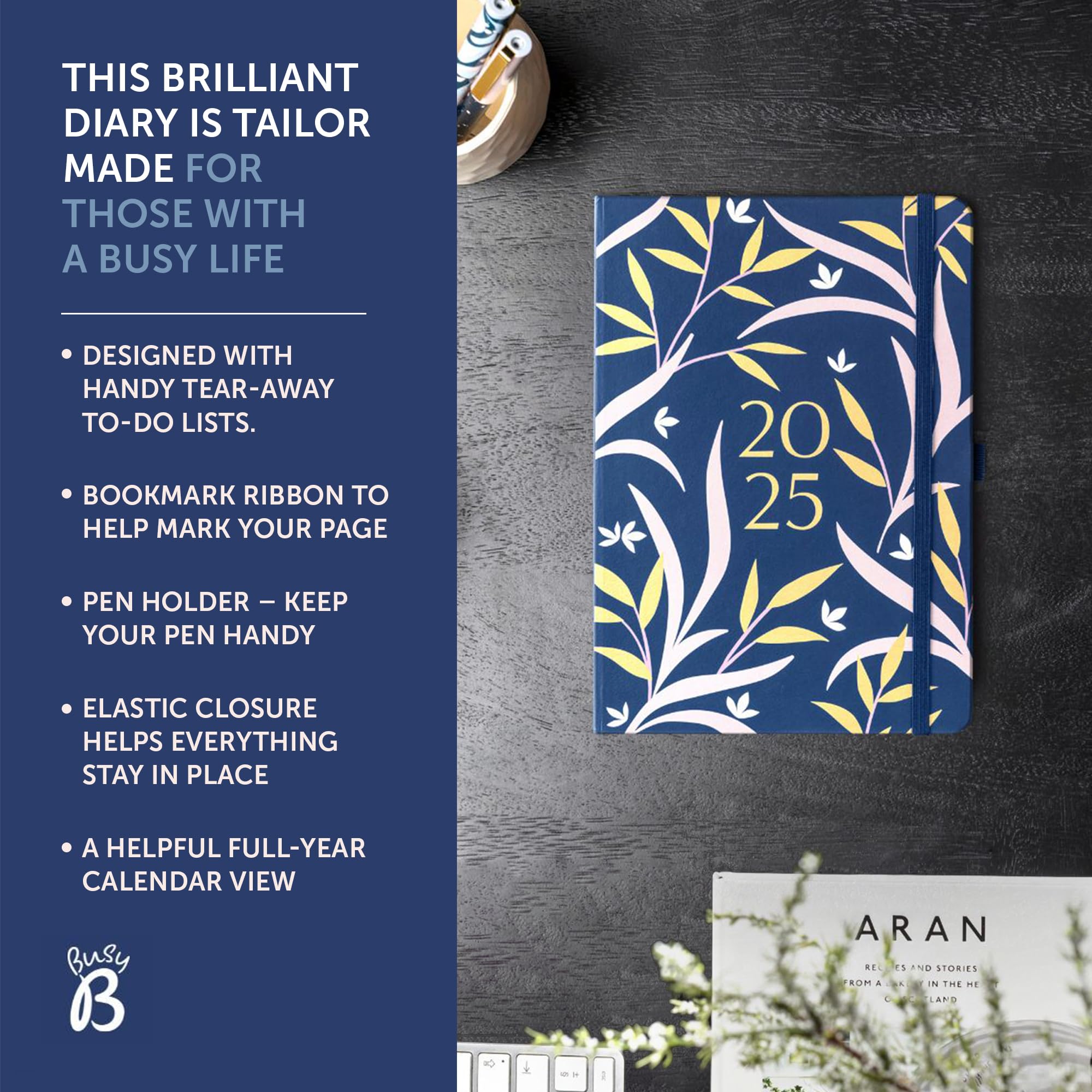 Busy B 2025 Diary, A5 Weekly Planner with To-Do Lists & Notes Pages, Work, School, Office Navy Floral Journal - Image 3