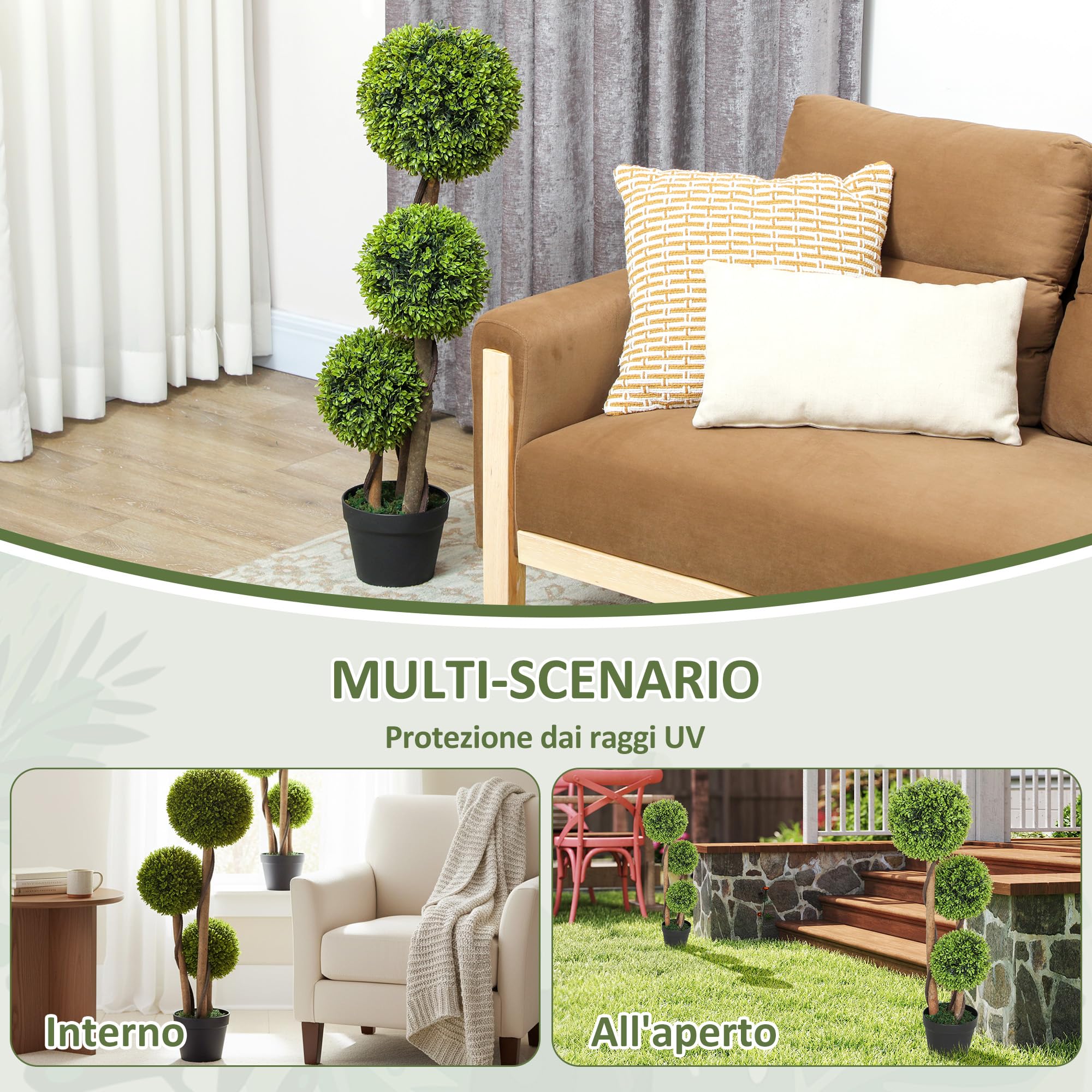 HOMCOM Set di 2 Piante di Bosso Artificiale a 3 Sfere, Piante Finte con Vaso Incluso e Fondo Rinforzato, Altezza 90 cm, per Interno ed Esterno, Giardino, Ufficio, Soggiorno