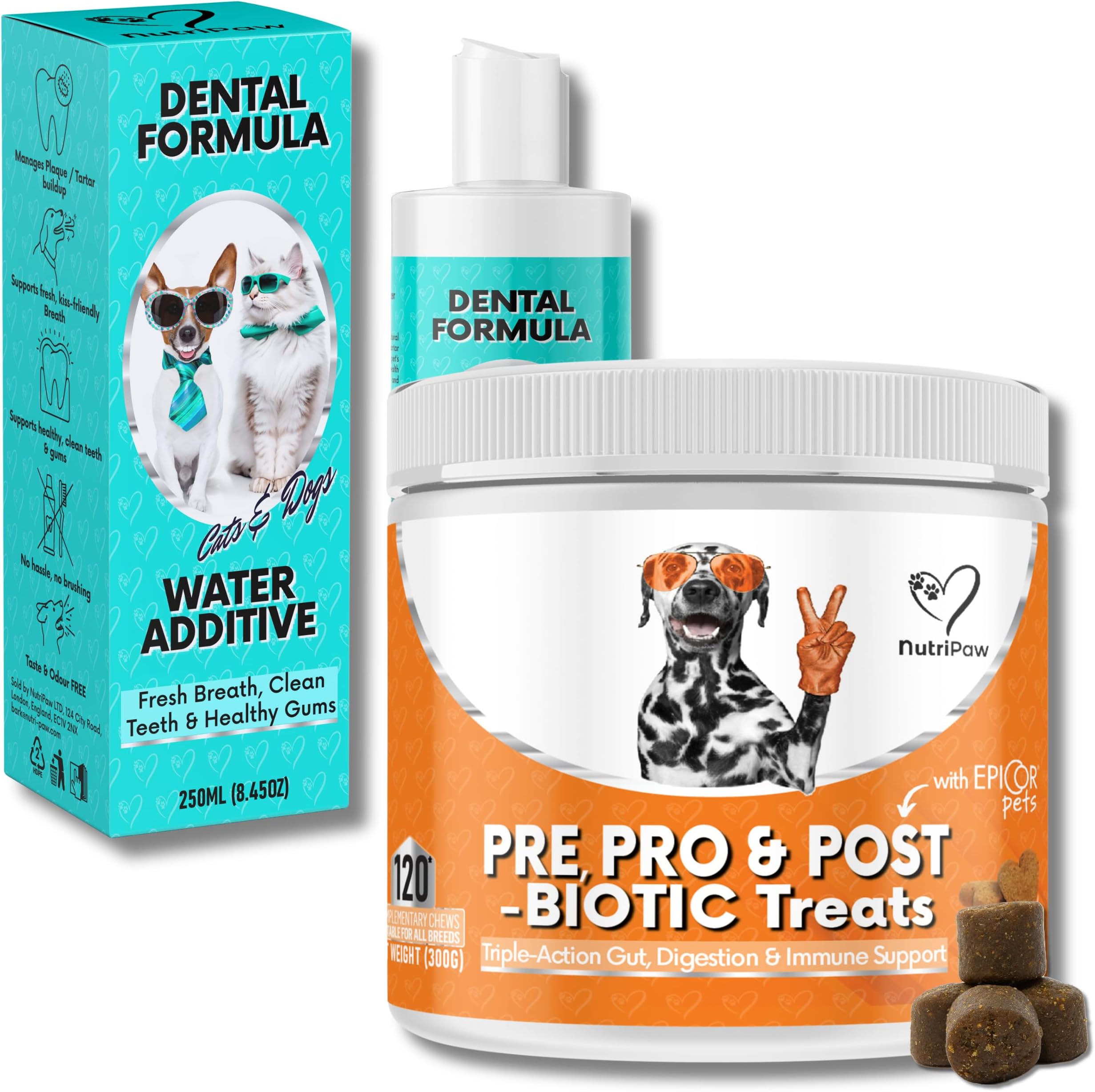 NutriPaw Dental Formula & Probiotics Bundle - Soft Chews for Bum Scooting, Gunky Ears, Gut Health & Anal Glands - Dental Water for Clean Teeth, Fresh Breath & Healthy Gums - Great for all dogs