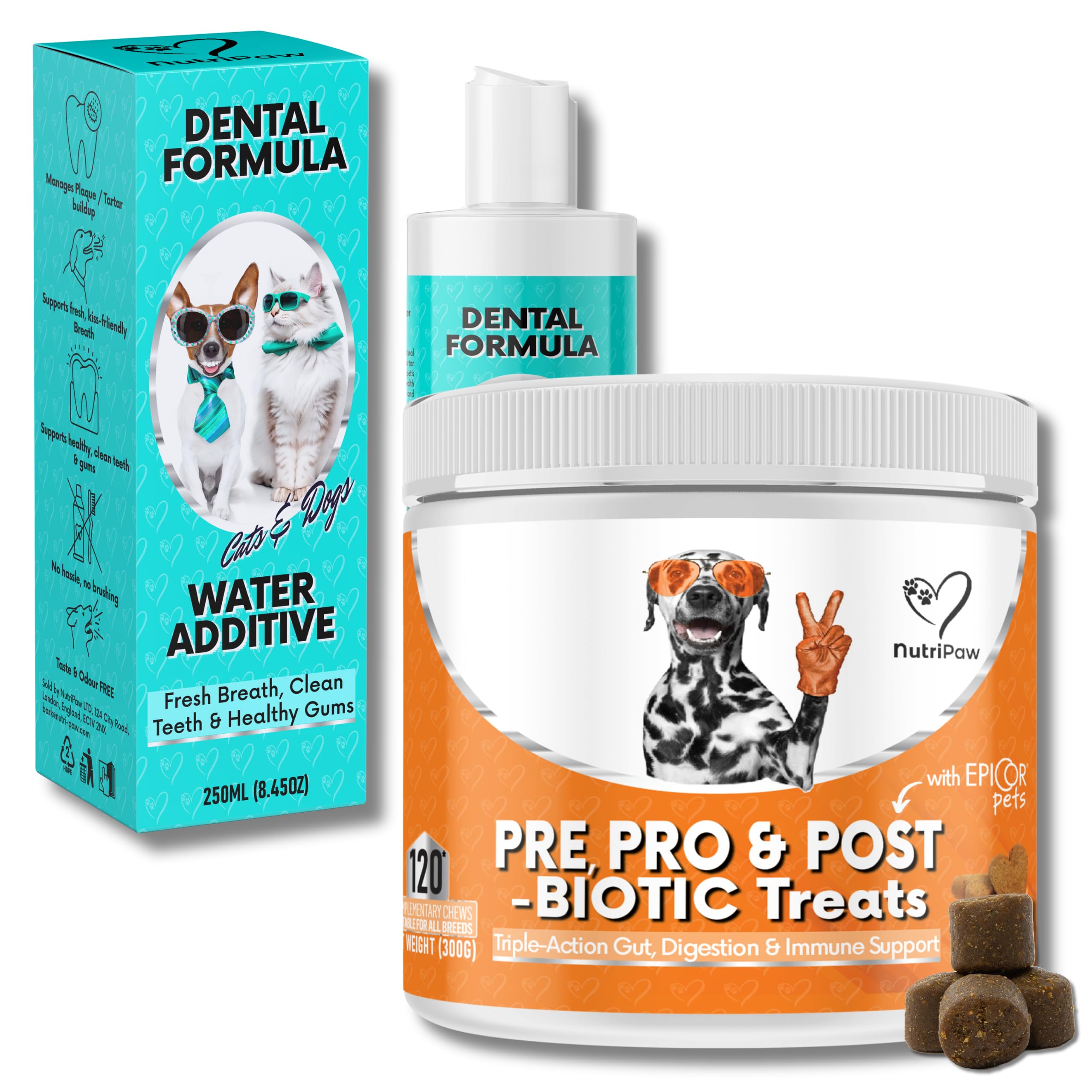 NutriPaw Dental Formula & Probiotics Bundle - Soft Chews for Bum Scooting, Gunky Ears, Gut Health & Anal Glands - Dental Water for Clean Teeth, Fresh Breath & Healthy Gums - Great for all dogs