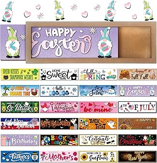 Barydat 25 Pcs Interchangeable Seasonal Decor Interchangeable Welcome Sign with a Wood Frame Seasonal Wooden Welcome Sign Holiday Table Decor for St Patricks Day Easter Valentines Decoration