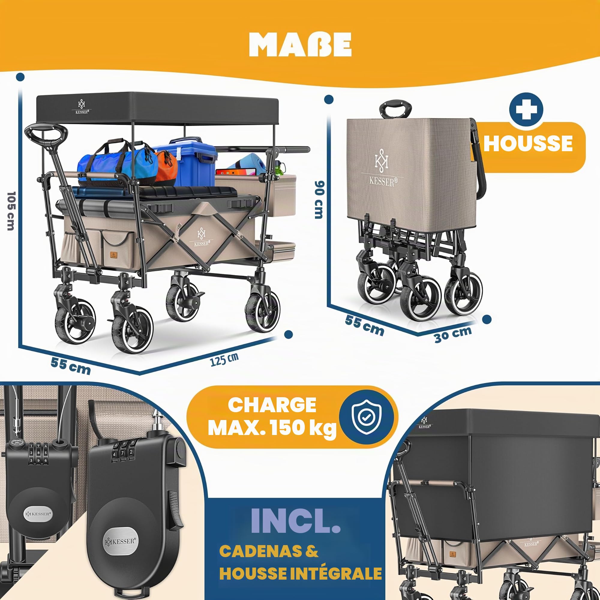 KESSER GTS-9100 Chariot de transport pliable avec toit Charge maximale 150 kg Avec roues en caoutchouc dur et freins de stationnement avant/arrière Avec serrure, couverture, intempéries et brise-vue
