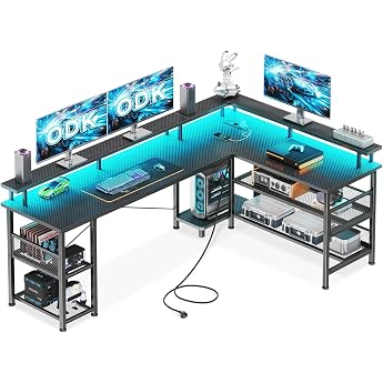 ODK Gaming Corner Desk with LED and USB, 168 x 120 cm, Carbon Fibre, Black | Gaming table with shelf in L-shape, desk with st