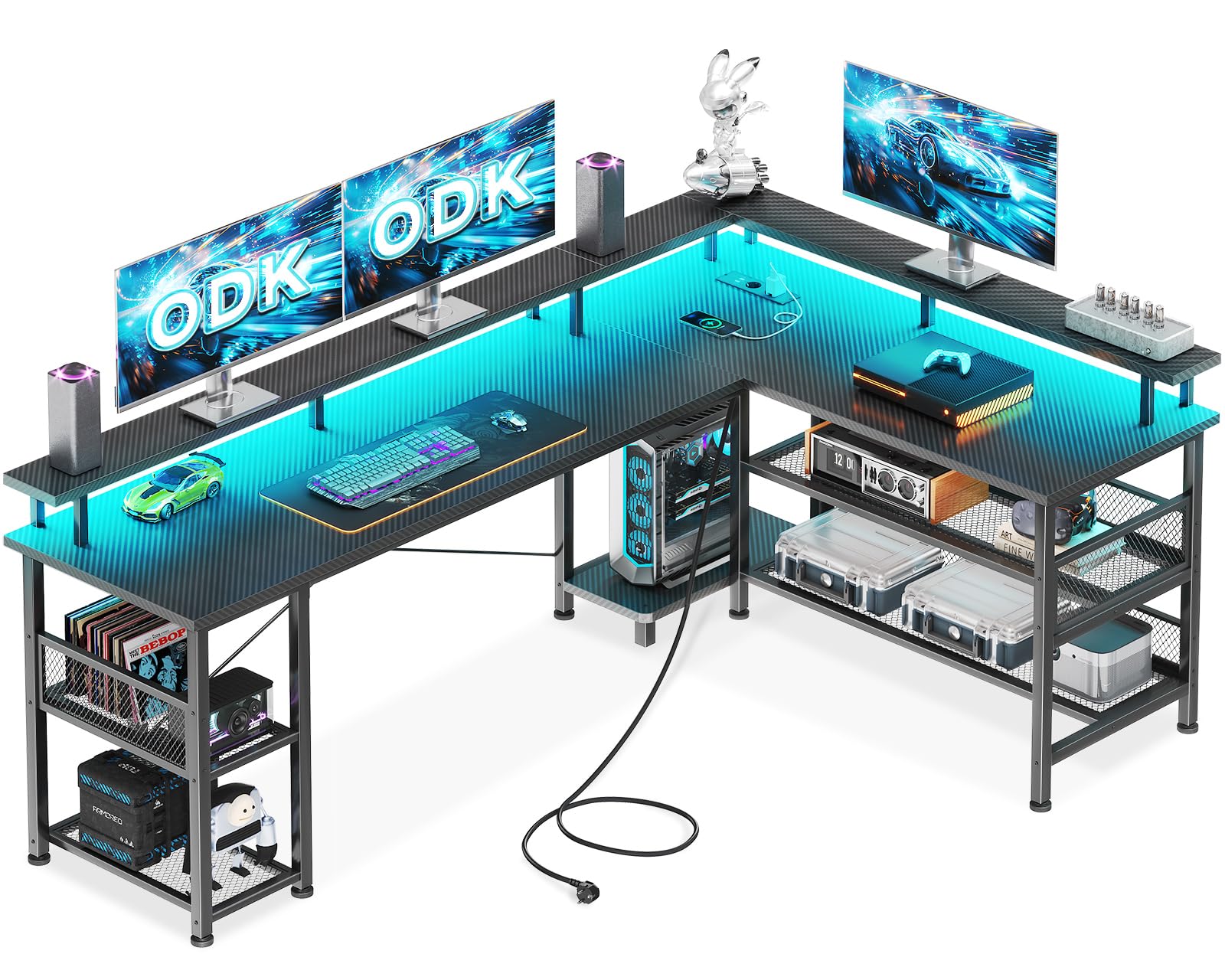 ODK Scrivania Gaming con LED, 168×120cm, Carbonio nero | reversibile, con scaffale e prese, scrivania angolare con vano portaoggetti e spazio