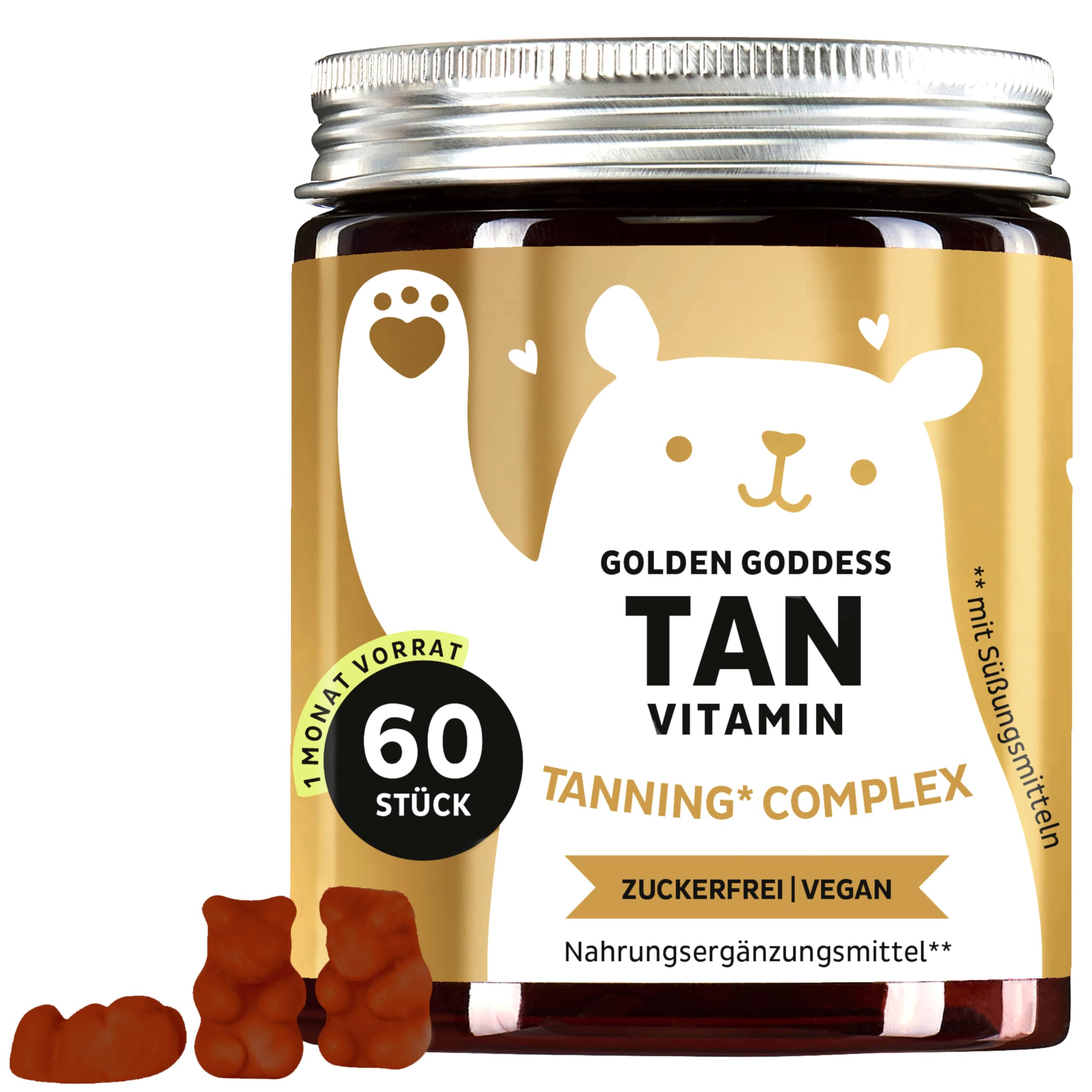 Golden Goddess Tanning Gummies - Bräunungsbooster & Sonnenschutz - Lutein, Astaxanthin, Vitamin C, E, Beta-Carotin, Calcium & Kupfer - 60 Stück (1 Monat) - Zuckerfrei, Vegan - Bears with Benefits​