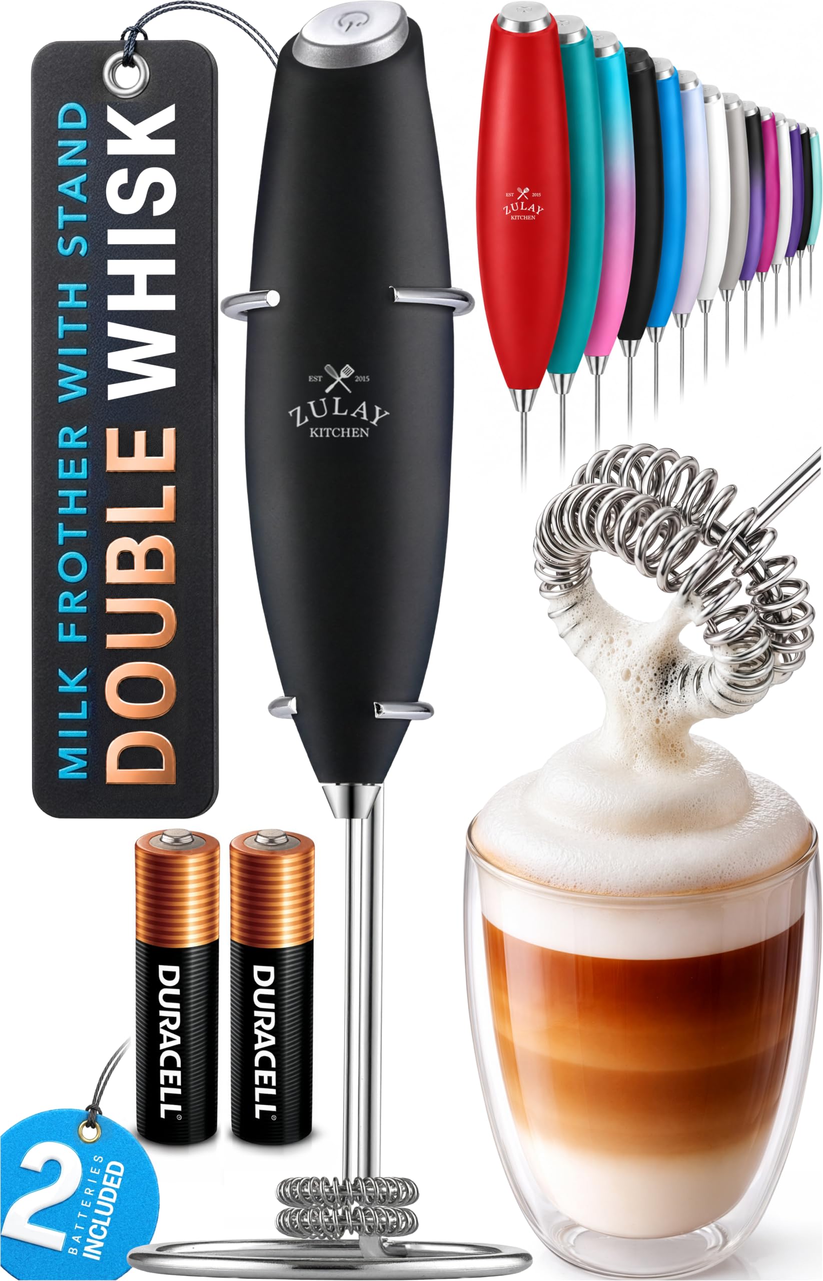 Zulay Kitchen Powerful Milk Frother Wand With Duracell Batteries - Ultra Fast Handheld Drink Mixer - Electric Whisk Foam Maker for Coffee, Lattes, Cappuccino &amp; Matcha - Double Whisk - Royal Black