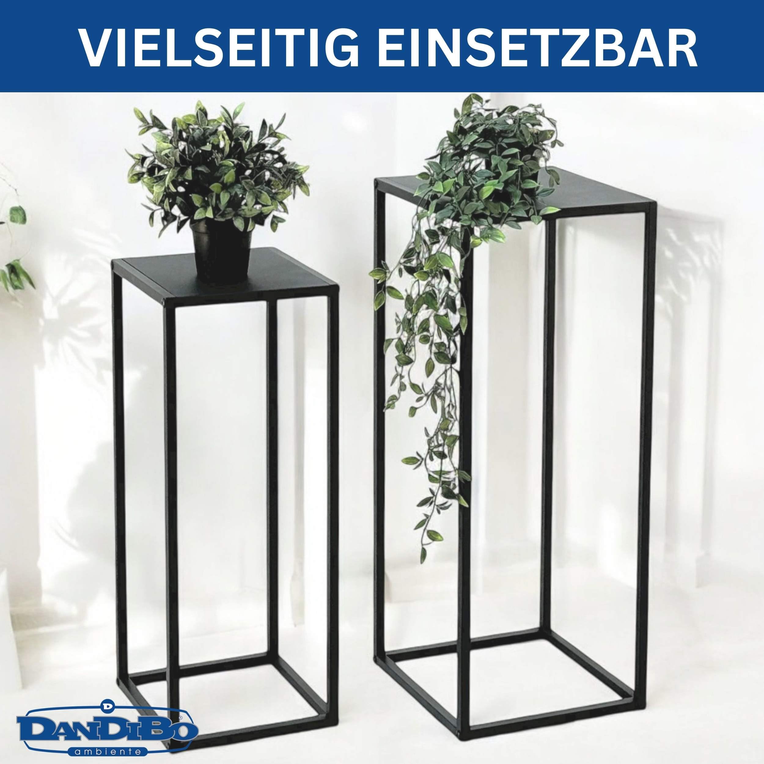 DanDiBo Pflanzenständer Metall Schwarz Eckig 2er Set 60 cm und 70 cm Beistelltisch Blumenhocker Blumenständer Blumensäule Design Modern Pflanzenhocker