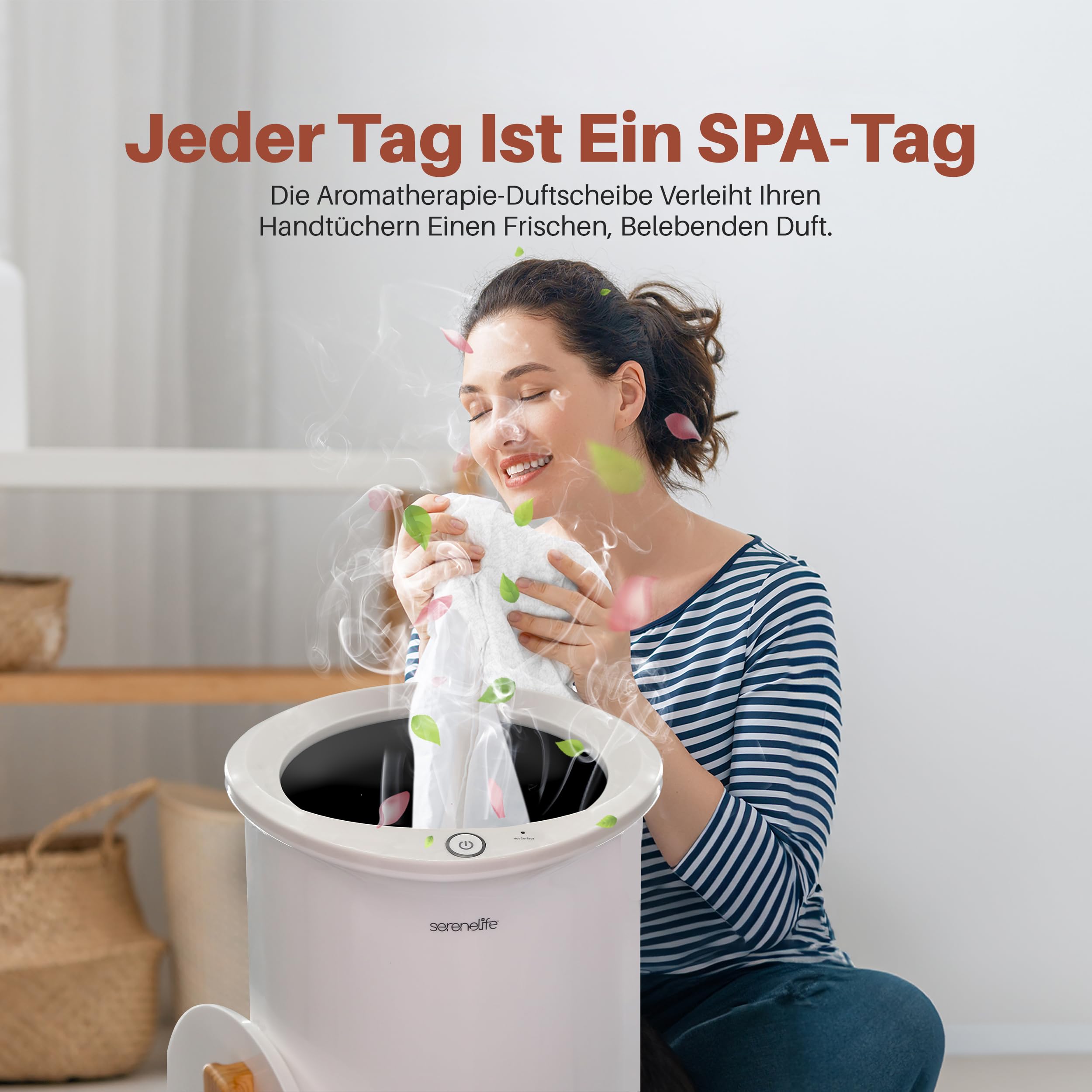 SereneLife Handtuchwärmer Elektrisch 20L Weiß – Towel Warmer für Badetücher, Bademäntel und Decken mit Aromafunktion, Auto-Off und schnellem Aufheizen