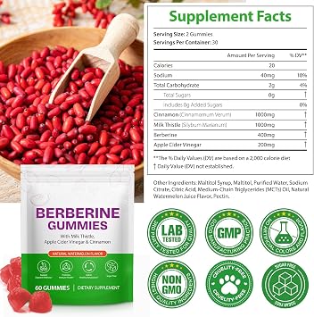 Berberine Gummies with Ceylon Cinnmon, Berberine Supplement for Digestive Health, Immune System, Aid Overall Health & Vitality, 60p