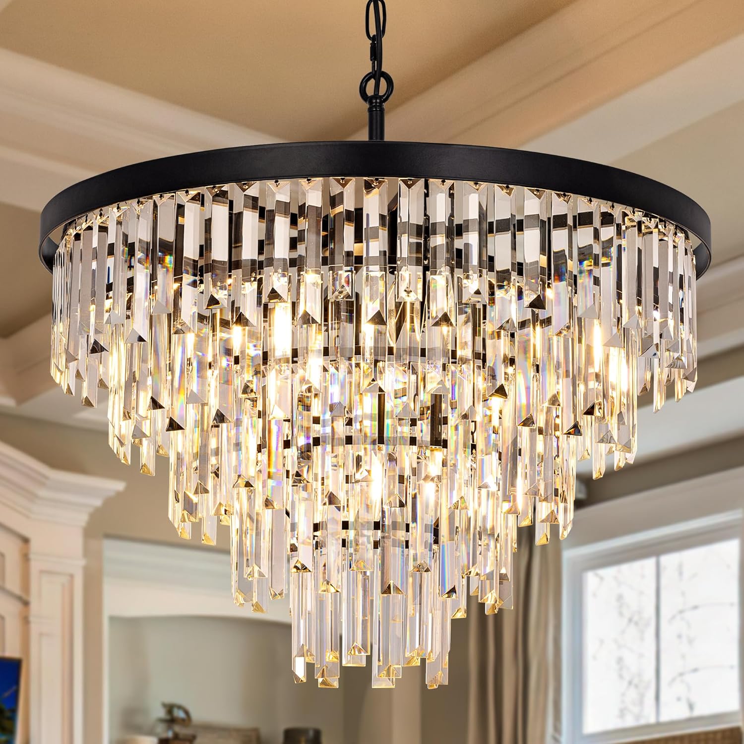 Wellmet Black Crystal Chandelier, 5 Tiers Modern Chandelier for Dining Room, 24in Round Farmhouse Hanging Light Fixture for Living Room, Bedroom, Kitchen, Entryway, Foyer