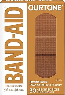 Band-Aid Brand Ourtone Flexible Fabric Adhesive Bandages Flexible Protection Care of Minor Cuts Scrapes QuiltAid Pad for Painful Wounds Assorted Sizes, Br45, 30 Count