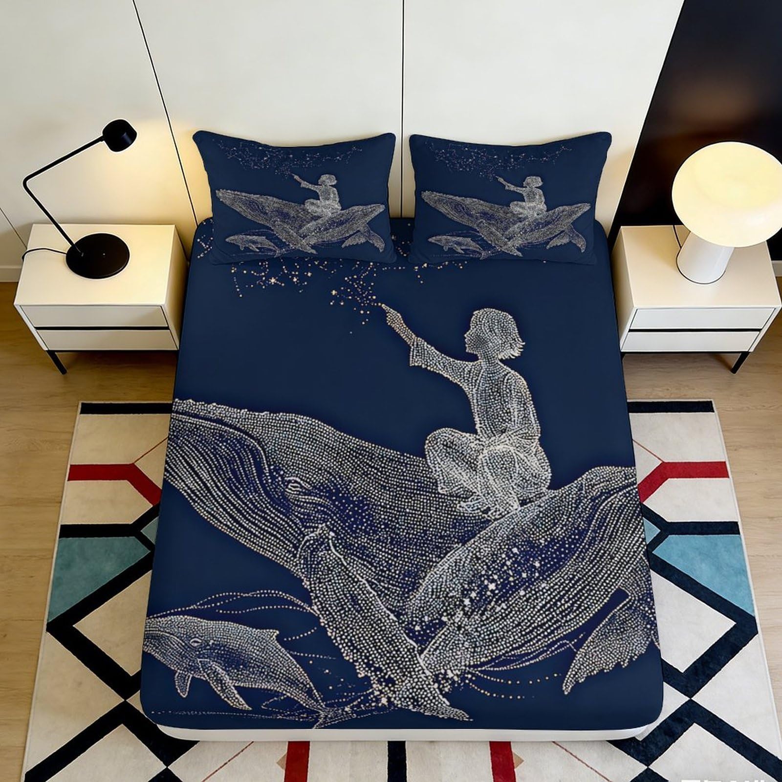 3D Printed Whale Illustration Fitted Sheet Microfiber Deep Pocket Non-Slip Whale Mattress Fitted Cover for Bedroom Bedding 160x200x25cm
