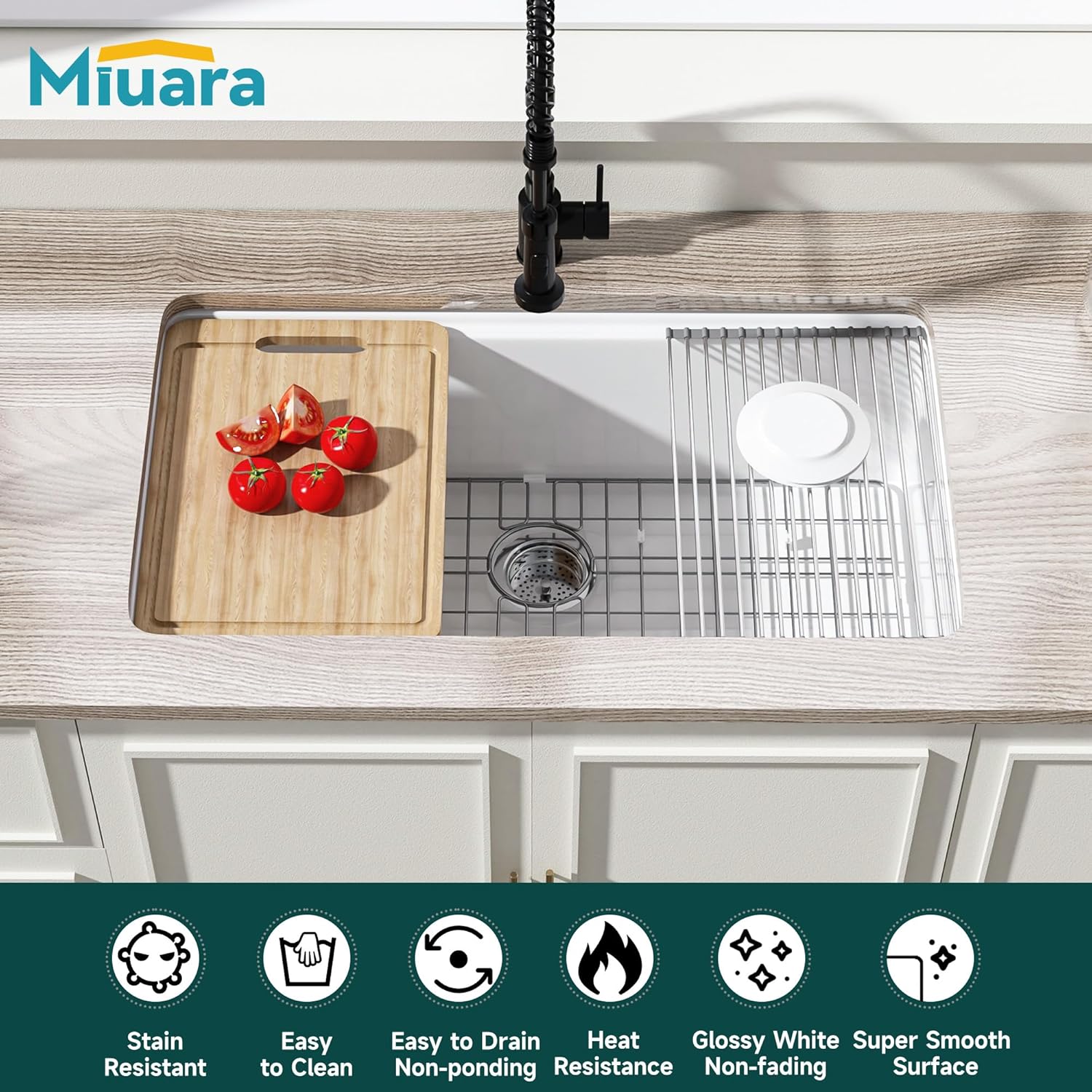 Miuara White Undermount Workstation Kitchen Sink 33 Inch - Large Topmount Fireclay Drop In Sink 33"x19"x10", Dual Mount Heavy Duty Deep Single Bowl, with 4 Custom Accessories, for Kitchen, Island