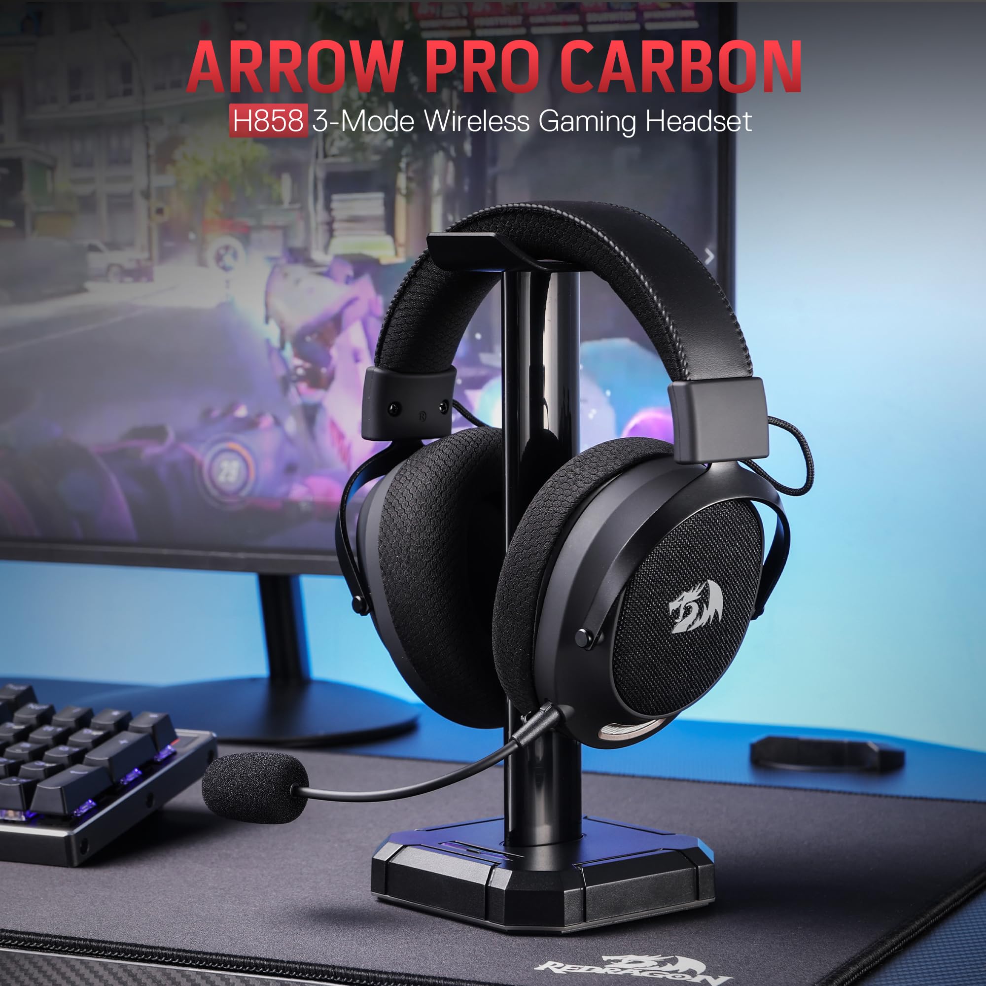 Redragon H858 Cuffie Gaming 3 Modalità Senza Fili 7.1 Surround | Driver da 53 mm, padiglioni in memory foam, microfono rimovibile con cancellazione rumore, cuffie over-ear