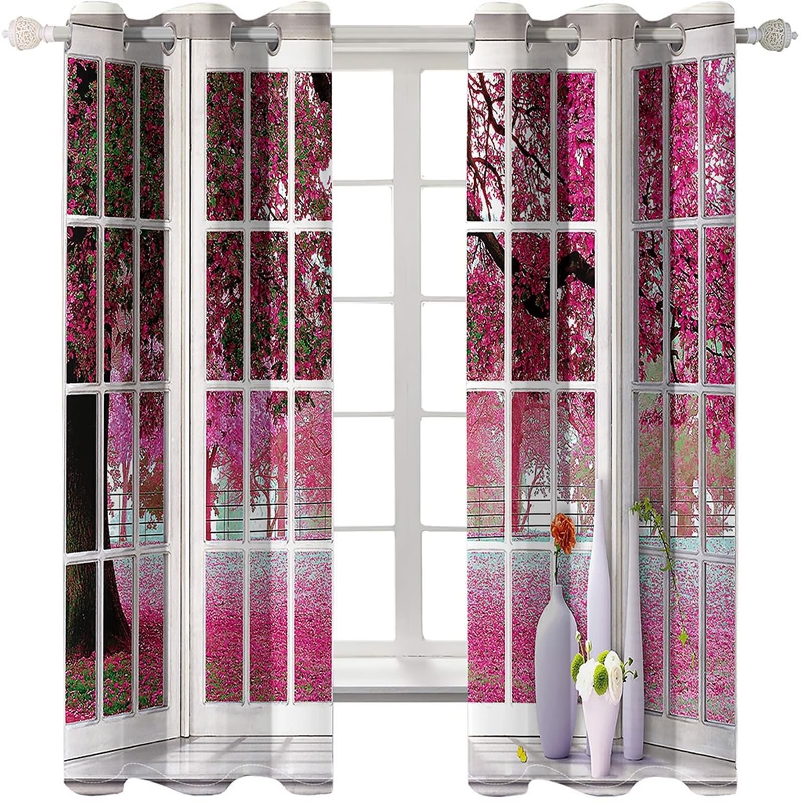 Zasłona okienna zaciemniająca, białe różowe zasłony okienne poliester kwiaty wiśni 2 panele 428 x 214 cm