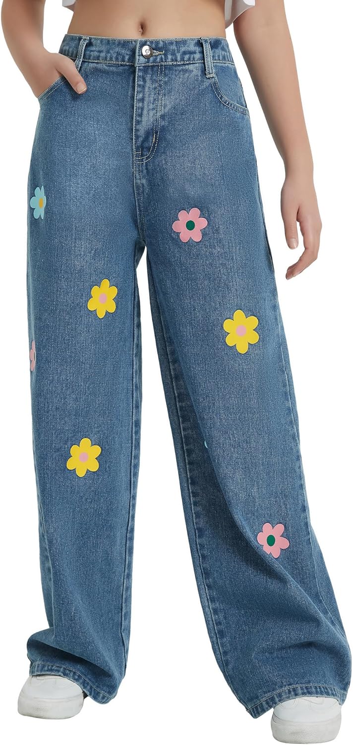 EXARUS Girls Jeans Pants Wide Leg/Flare/Skinny Denim Pant Ripped High Waist Elastic Band Casual with Pockets Kids 6-14Y - Image 4