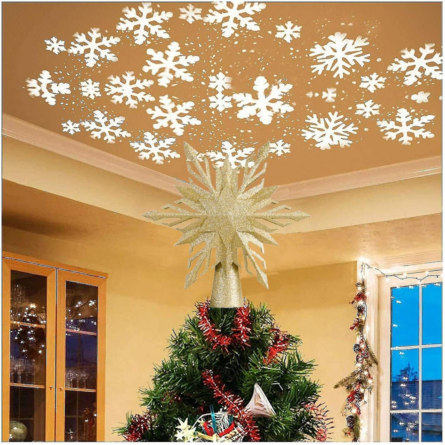 Christmas Tree Topper Lighted with Golden Snowflake