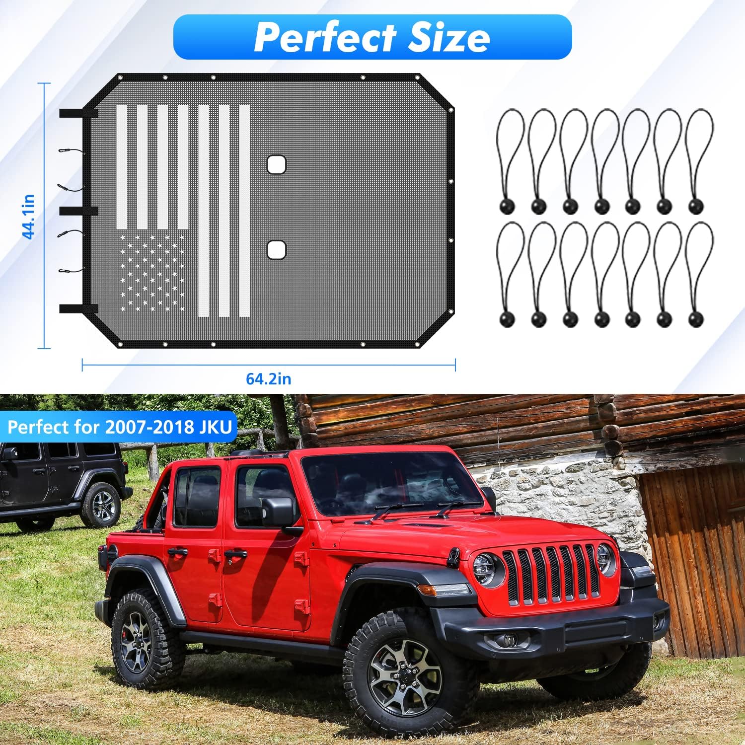 Jimen for JKU Sun Shade, Mesh Bikini Top Sunshade for 2007-2018 Jeep Wrangler JK & Unlimited 4 Door Only (American USA Flag)
