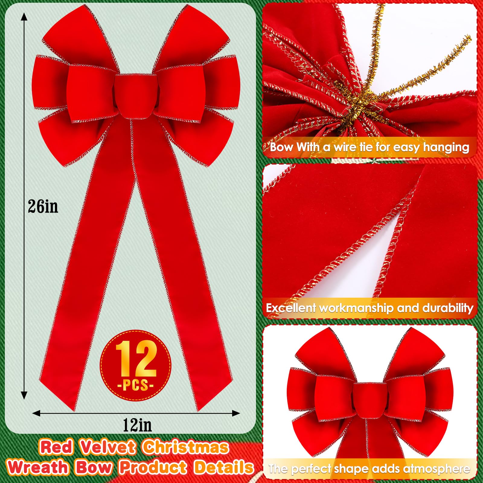 Lyrow 12 lazos grandes de Navidad rojos de 26 x 12 pulgadas, lazos de terciopelo rojo para corona de Navidad, lazo para decoración de árbol de Navidad con borde dorado con purpurina para fiestas en