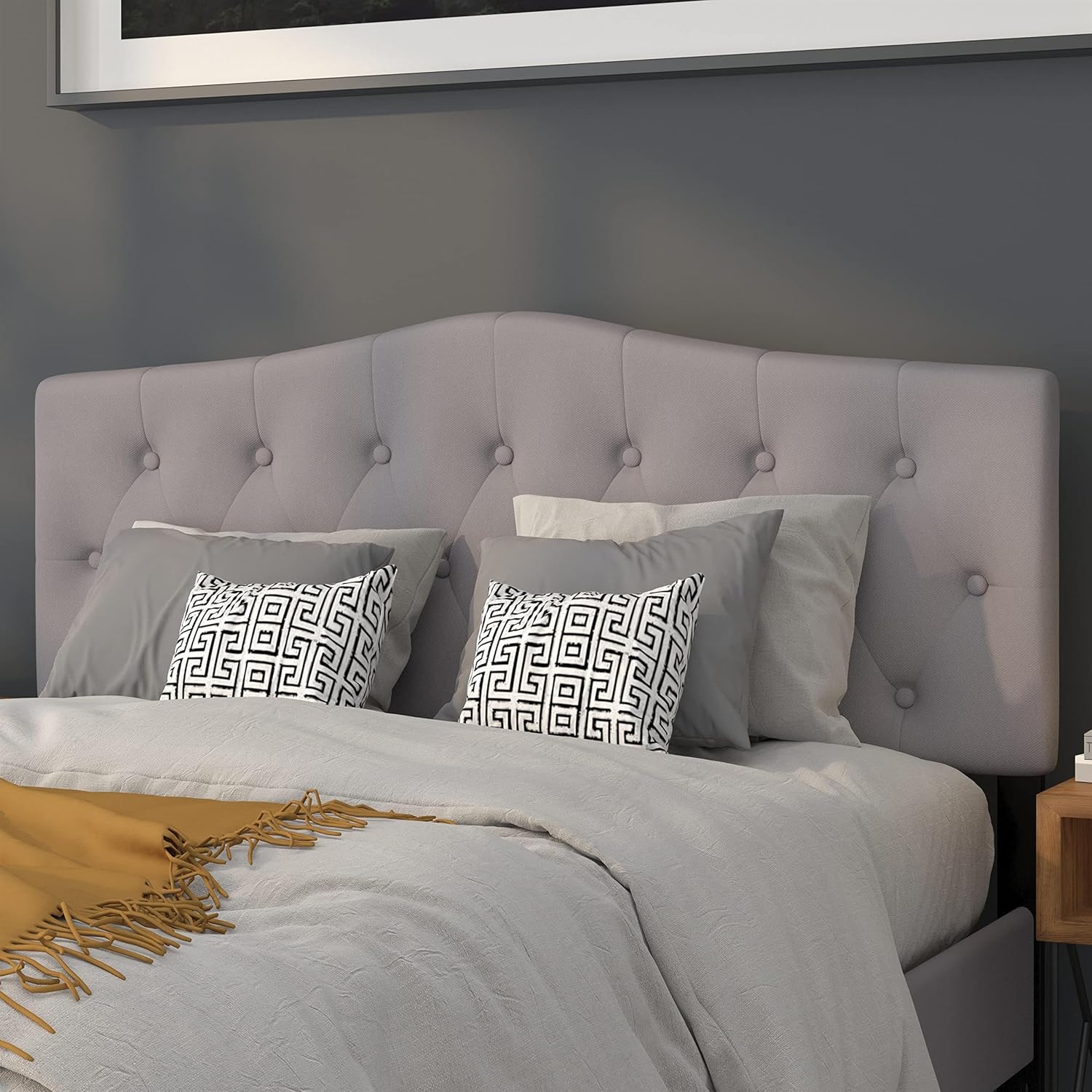 Pemberly Row Modern Queen Panel Headboard, Light Gray Fabric Upholstery, Button Tufted with Diamond Stitch Pattern, Adjustable Metal Bed Rail Slots, 61.5 in Wide for Bedroom