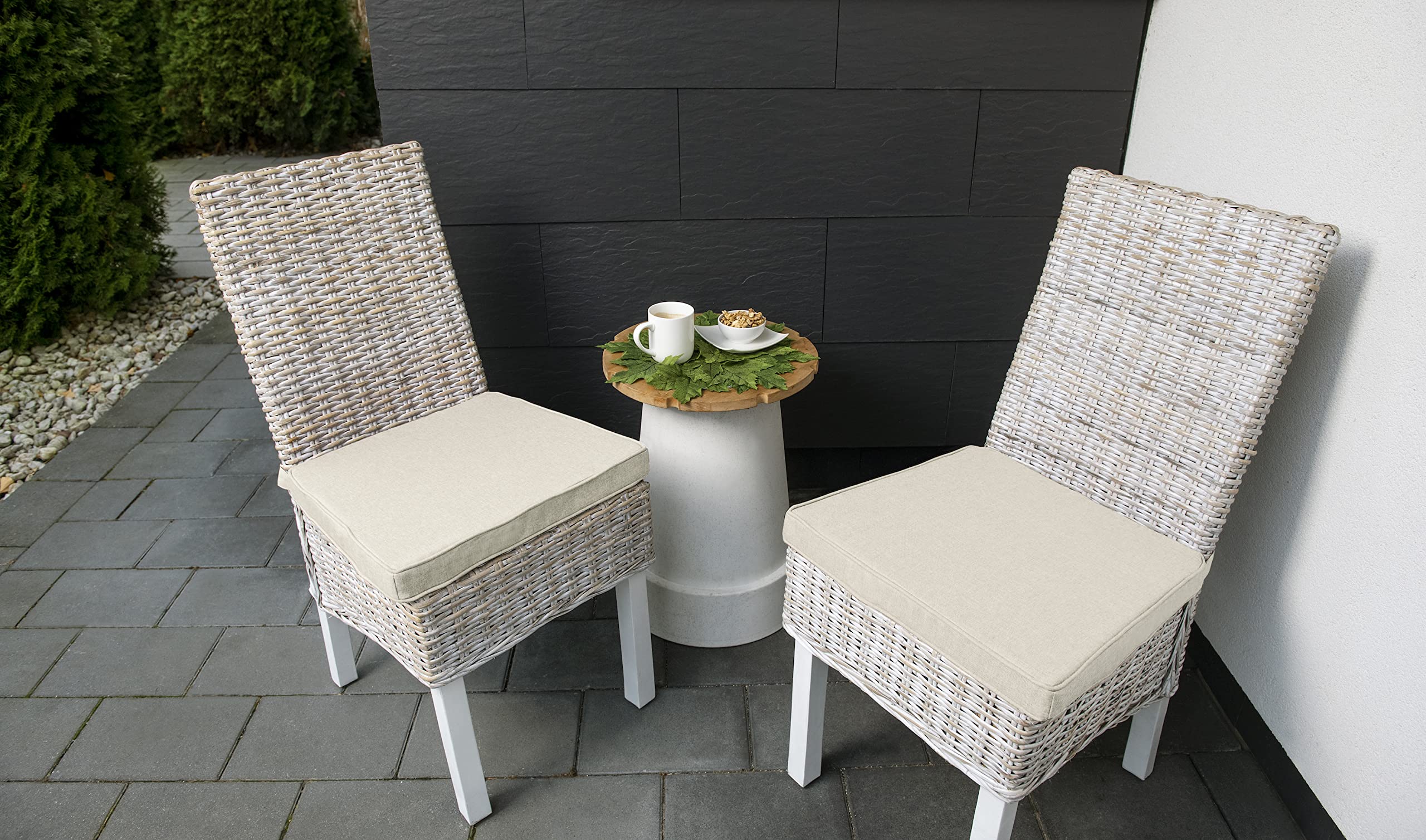 sunnypillow Lot de 4 coussins, pour chaise en rotin, 40 x 45 x 5 cm, rembourrés, avec rubans, pour l'intérieur et l'extérieur, écru