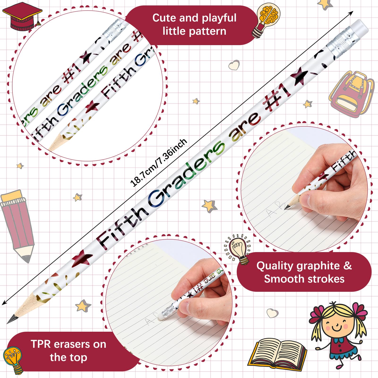 Tenceur 48 matite motivazionali di quinta elementare con gomme con forniture per il rientro a scuola per bambini, studenti, insegnanti, ricompensa in classe