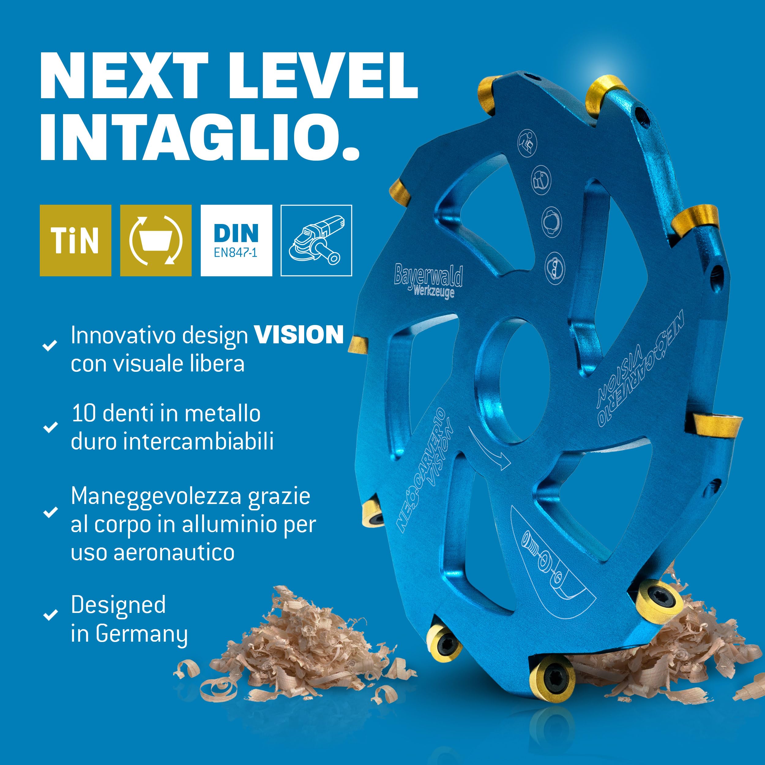 Bayerwald NeoCarver 10 Vision V2 - Disco per fresa in metallo duro per legno, fresa da intaglio in alluminio per smerigliatrice angolare per separare, levigare, sgrossare, ecc. Ø 115 mm x 22,2 mm/10