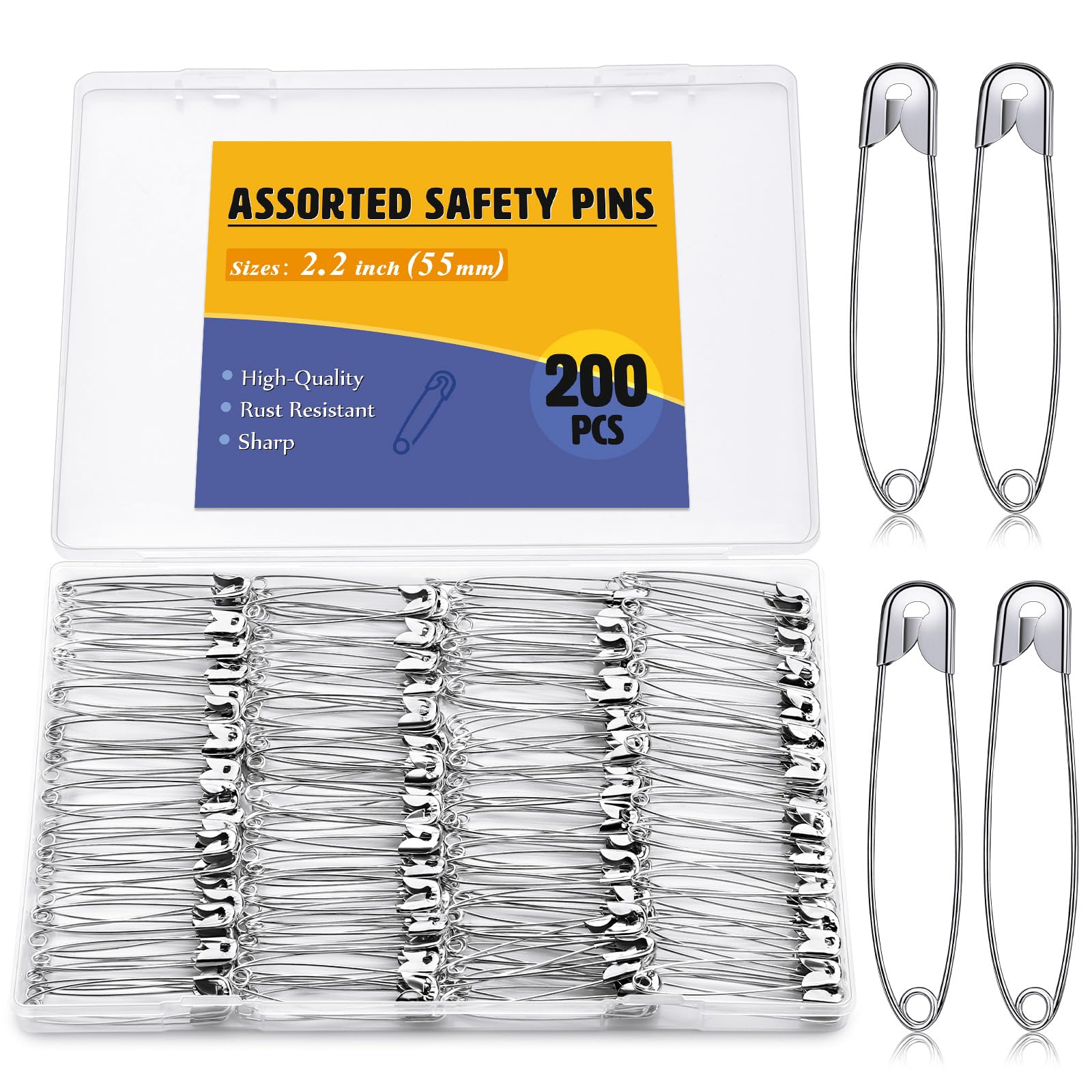ENCHOL 200 Pcs Safety Pins, 2.2inch (55mm) Large Safety Pins for Clothes Safety Pin Heavy Duty for Arts Crafts