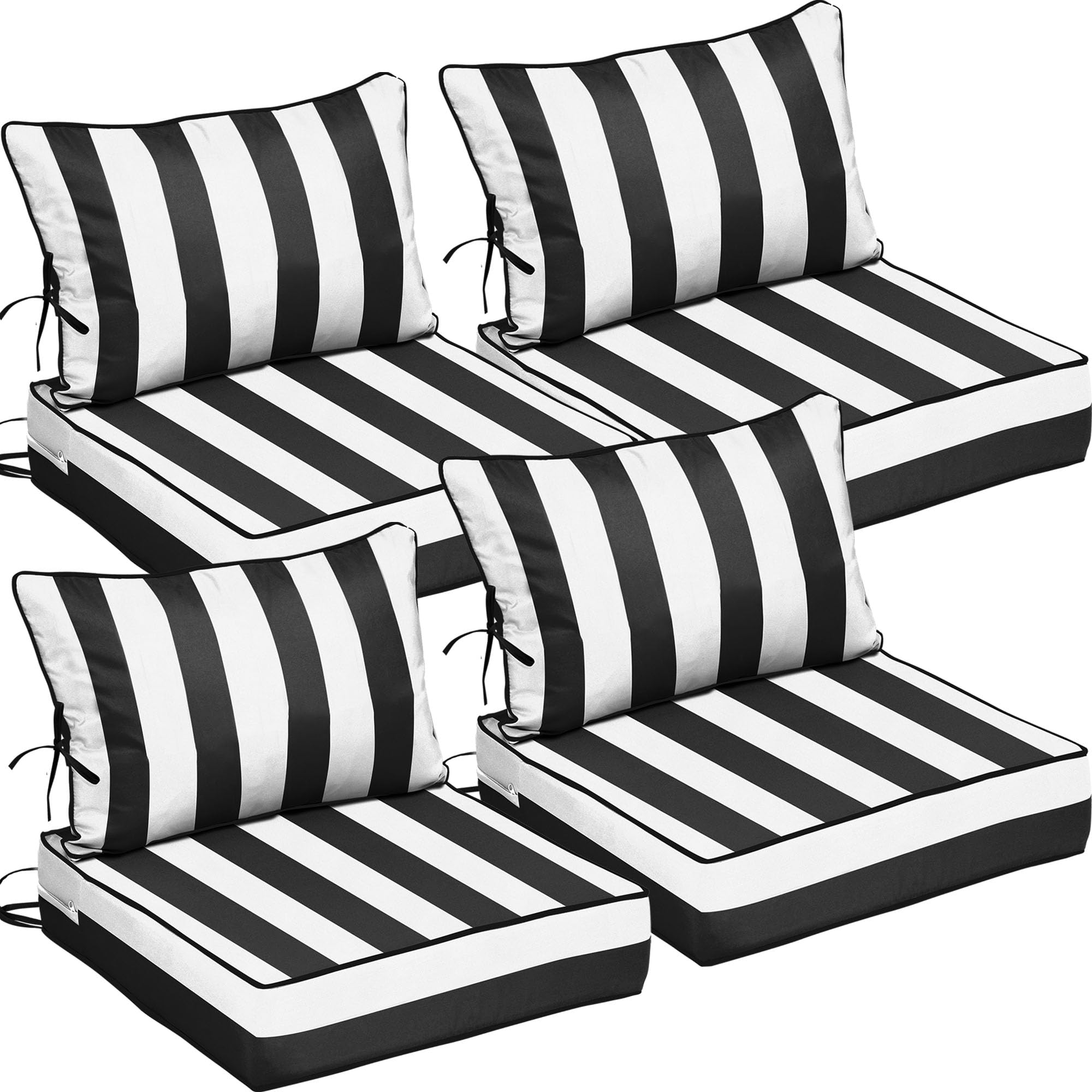25.6x25.6 Outdoor Chair Cushions 4 Set, Waterproof Deep Seat Cushions for Patio Furniture with Removable Cover, Fade Resistant 4'' Outdoor Seat Cushion w/ Ties&amp;Handle for Sofa Loveseat,Black Striped