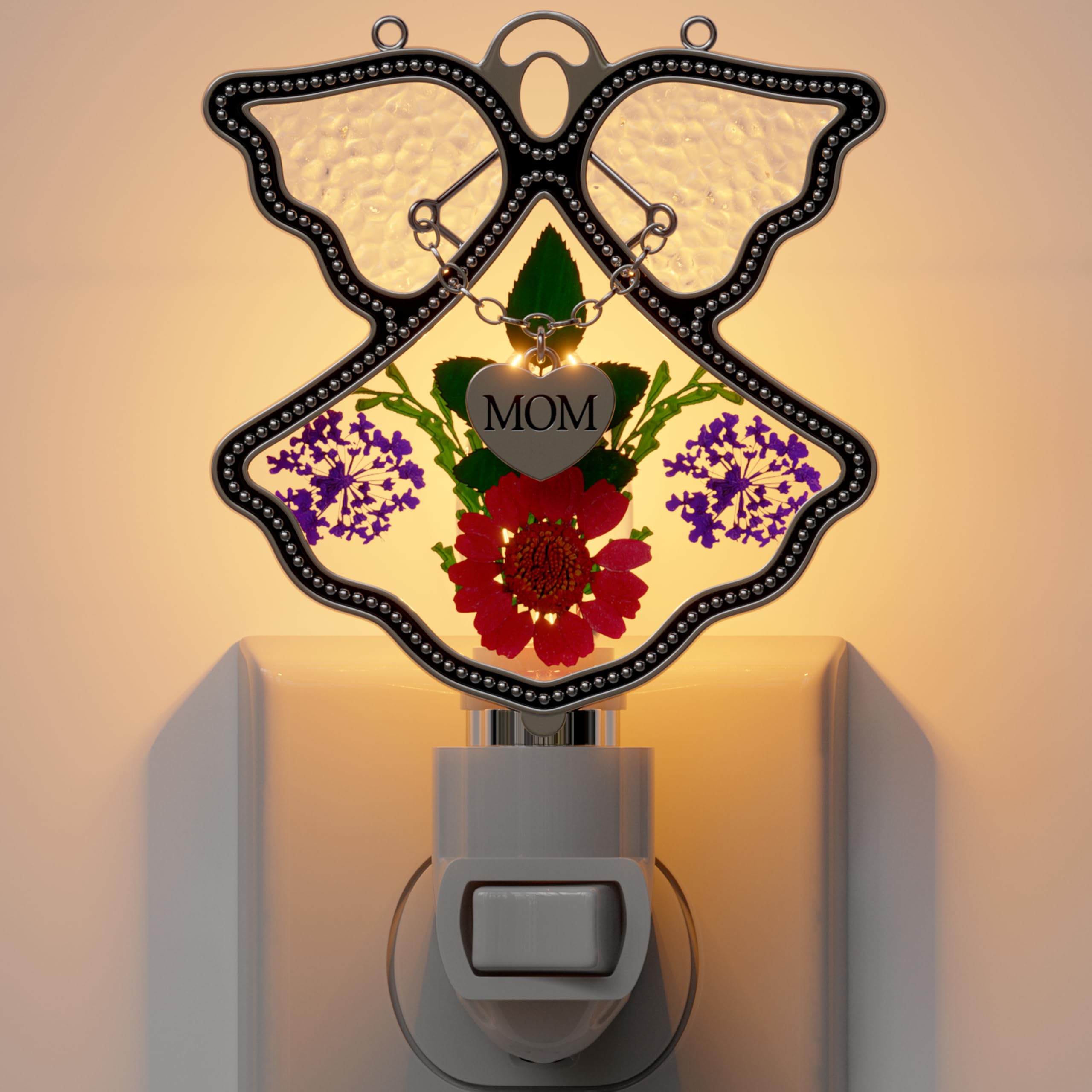 KY&BOSAM Night Light Mom Stained Glass Angel Night Lights Plug Into Wall with Real Flower in Glass and Metal Charm Night Light for Nursery Bedroom Bathroom Decorative Accent Lite Elegant Home Decor