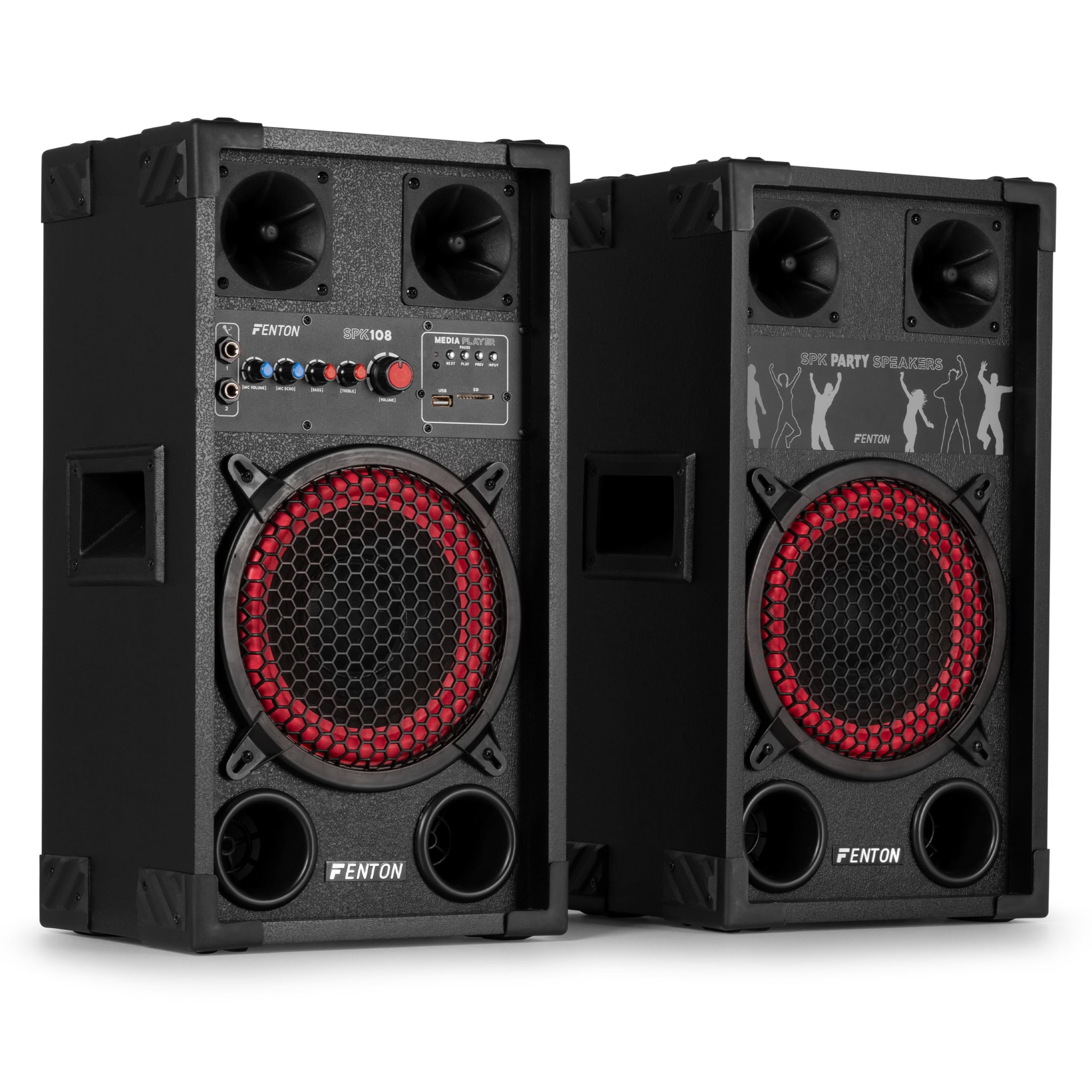 Fenton SPK-108 PA Anlage Aktiv Komplettset 400 Watt – Party Lautsprecher Paar mit Bluetooth & USB – DJ Anlage Boxen Musik – 8" Woofer Standlautsprecher – Musikbox Groß für Karaoke & Events