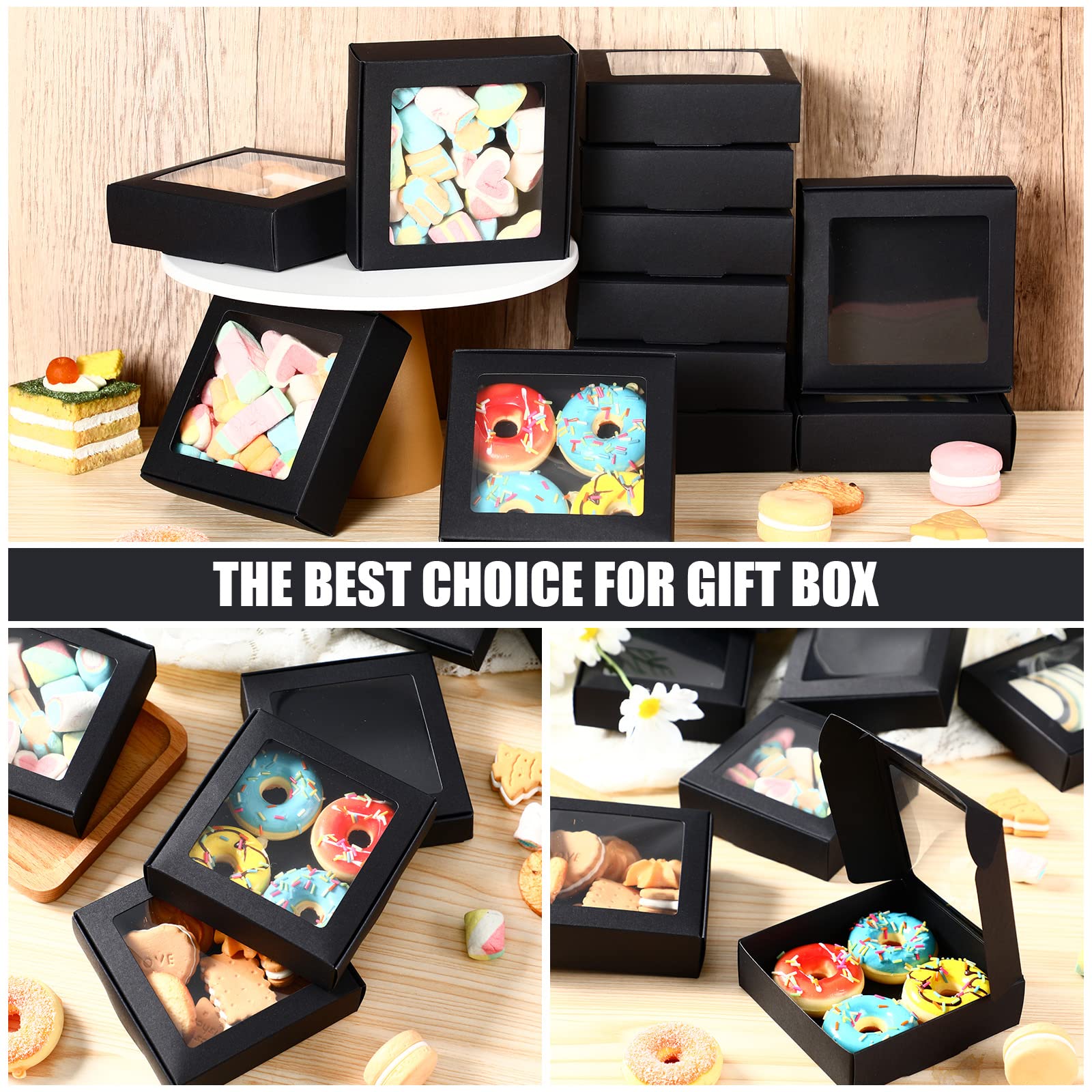 Zonon 60 Stück Leckerli-Boxen, Seifenschachteln für hausgemachte Seife, Mini-Kraftpapierboxen mit Fenster, Geschenkverpackungsbox für Seife (Schwarz, 10,5 x 10,5 x 3 cm)