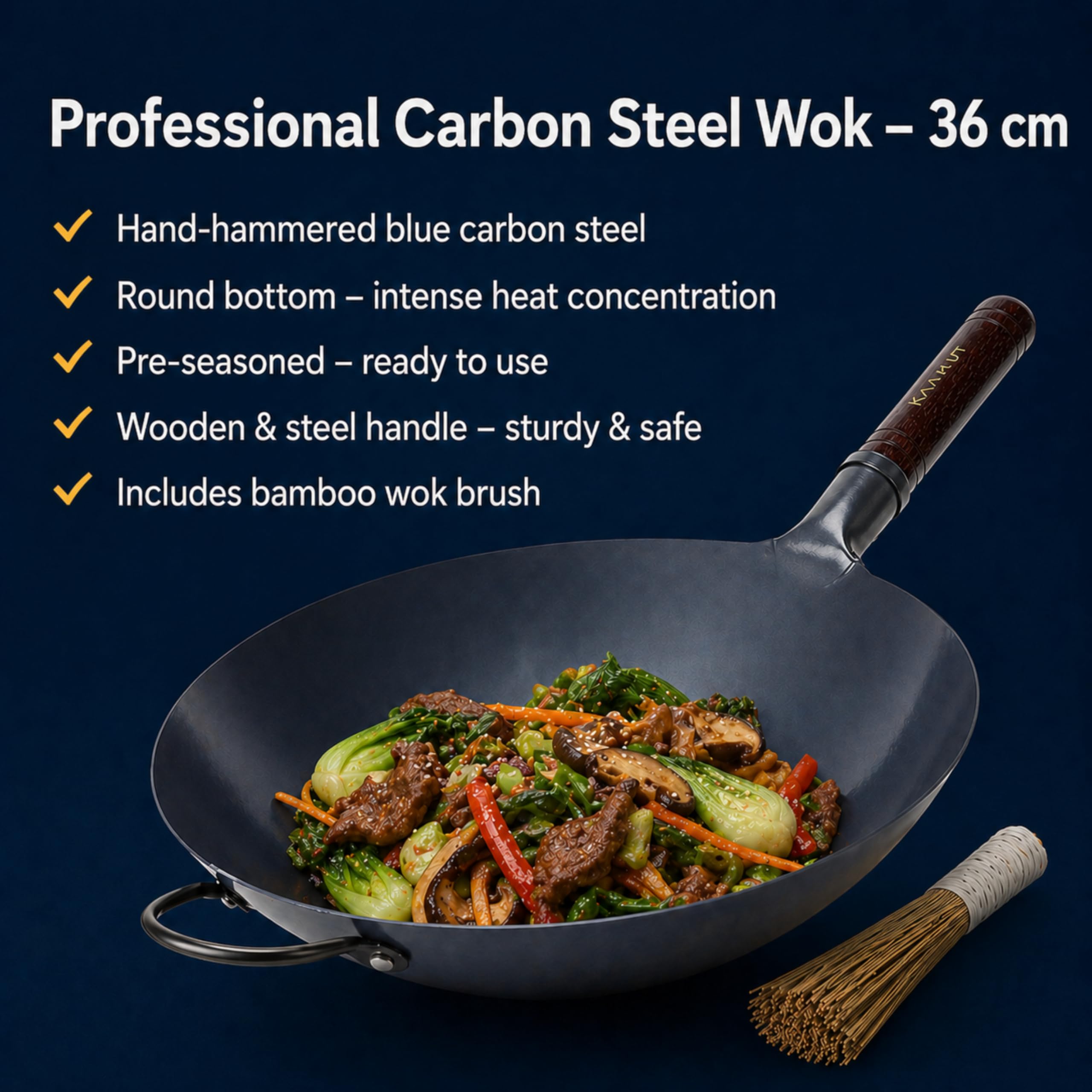 Professioneller Wok 36 cm – Handgehämmerter Blauer Kohlenstoffstahl – Runder Boden – Vorgewürzt – Gastronomiequalität – Holz- & Stahlgriff – Inklusive Bambus-Wokbürste