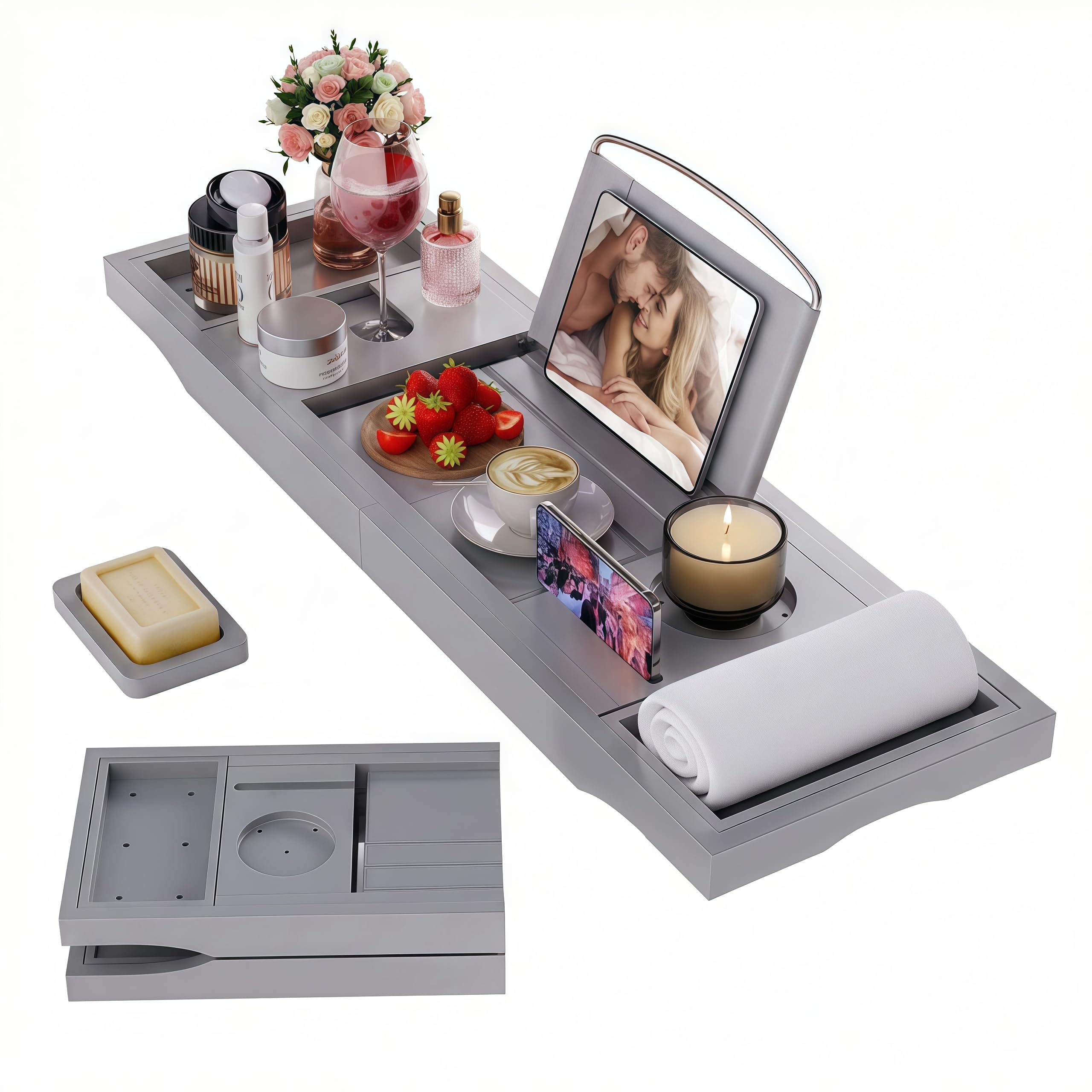 Foldable Bathtub Caddy Tray, Bamboo Bath Tub Tray Table for Tub with Wine Glass Holder Book Phone Tablet Holder with Extending Sides, Adjustable