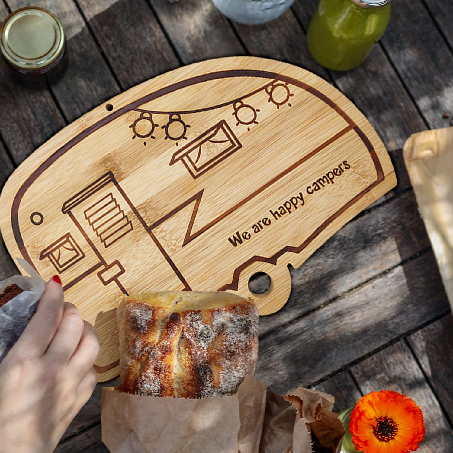 Juego de tablas de cortar de bambú para caravana, accesorios de cocina, 2 piezas, juego de tablas de cortar de madera RV con ranuras para jugo, agujero para colgar, para carne, verduras y queso,