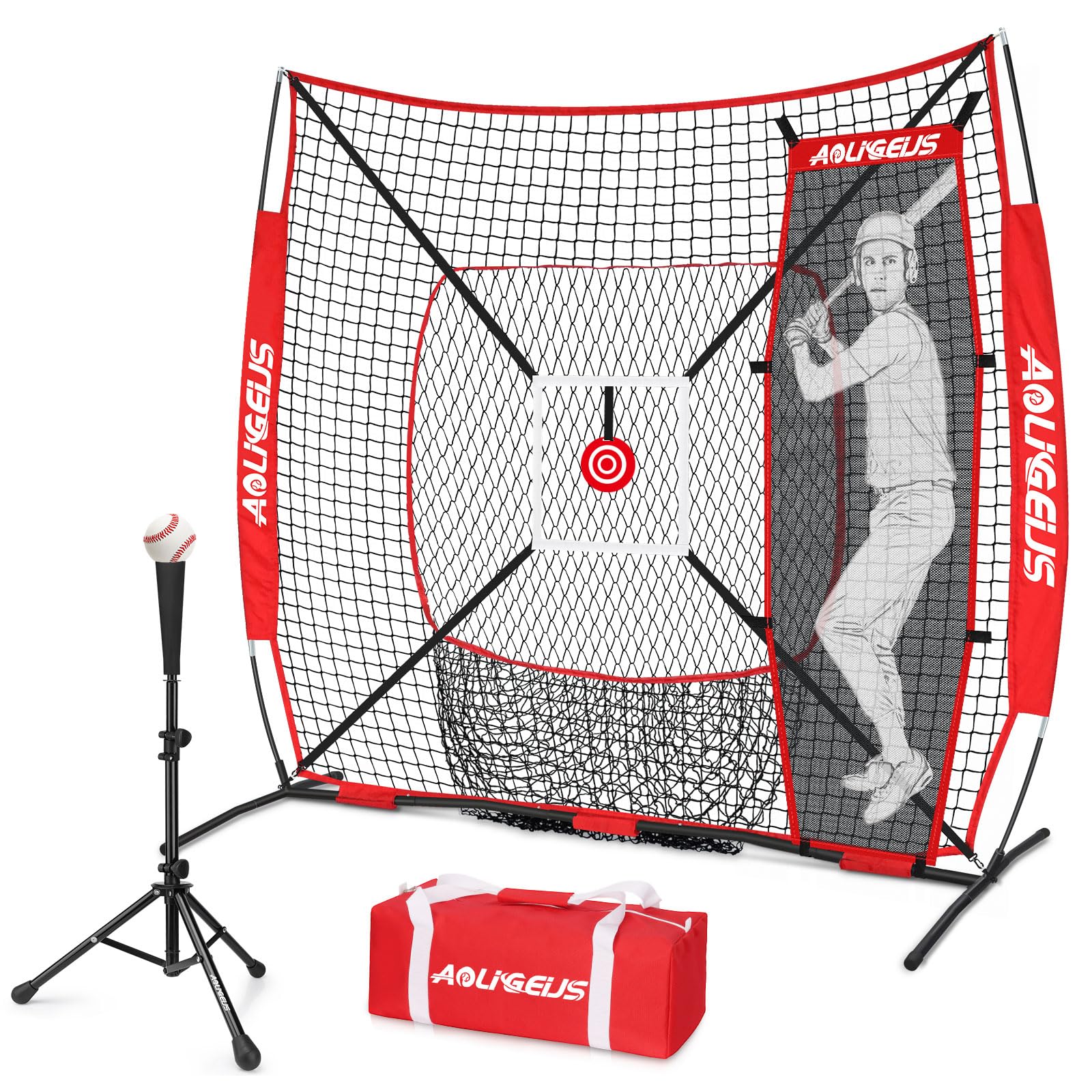 AOLIGEIJS 6'X6' Baseball Softball Practice Net,Pitching Net,Batting Net,with Batting Tee,Dummy Batter,Bonus Strike Zone Target and Bow Frame,for