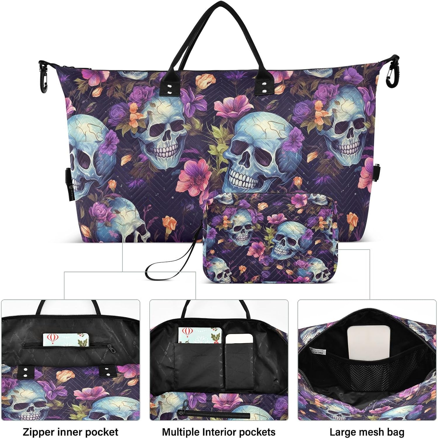 ALAZA Skull and Flowers Travel Duffel Bag Gym Bag Sports Tote Bag Weekender Overnight Travel Bag for Women Men Business Trip Workout