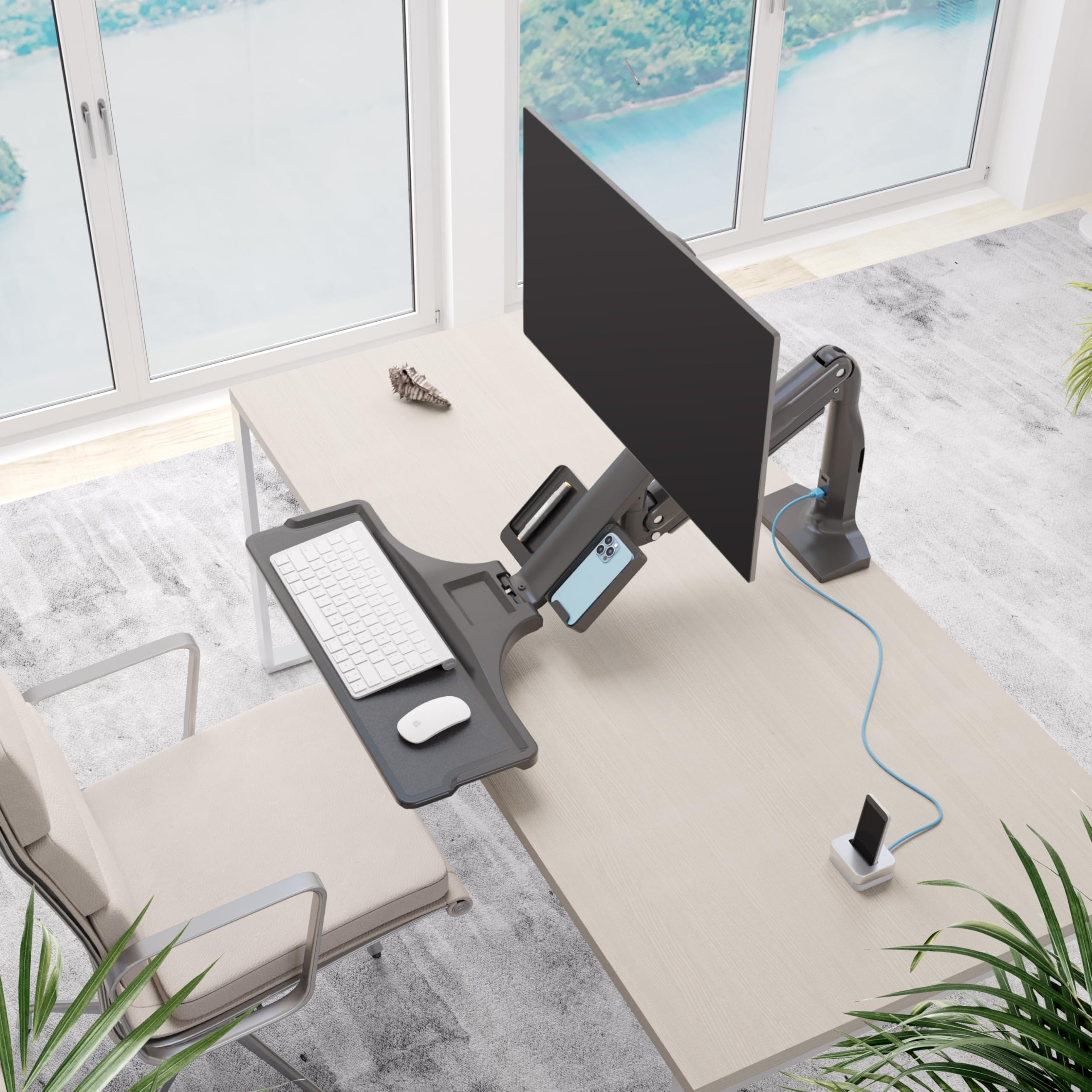 RICOO TS5411 Support Écran PC TV 13 17 19 22 24 27 28 32 Pouces VESA 75x75 100x100 Ressort à gaz Rangement Clavier Orientable Inclinable Rotatif Universel Fixation Bureau