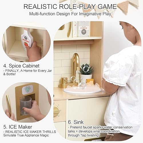 Miniatura 4 de Cocina de juego de madera para niños con máquina de hielo y 17 accesorios, cocina de juguete para niños pequeños con fregadero, horno, estufa,