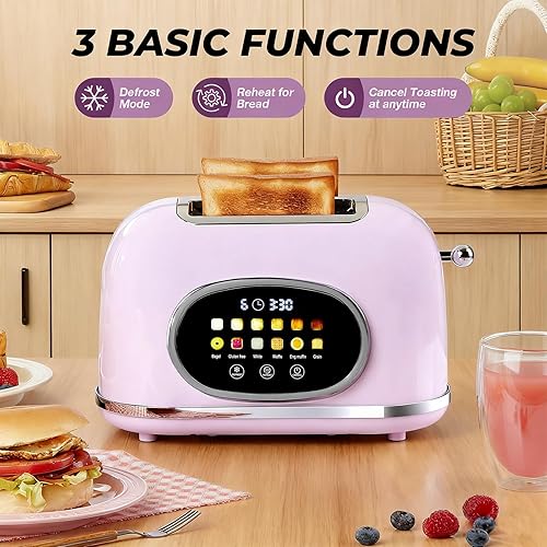 Miniatura 5 de Roter Mond Tostadora de 2 rebanadas con pantalla táctil inteligente, tostadora de pan retro de acero inoxidable con temporizador digital, modo de