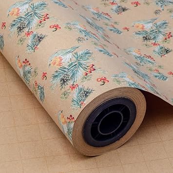LDGOOAEL Mini Christmas Kraft Wrapping Paper Jumbo Roll 17 inches X 100 feet Easy-Tear Cut Lines on Back - Robin Holly Pinecones for Small/Medium Gifts, Xmas Party