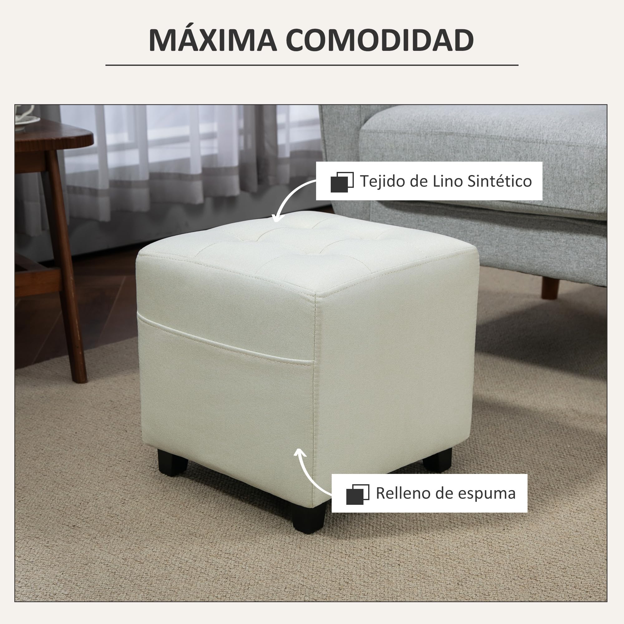 HOMCOM Reposapiés de Salón Taburete Bajo Tapizado en Lino Otomana Cuadrada con Bolsillo Lateral Tapa con Botones Acolchados y Marco de Madera para Sala de Estar Dormitorio Crema