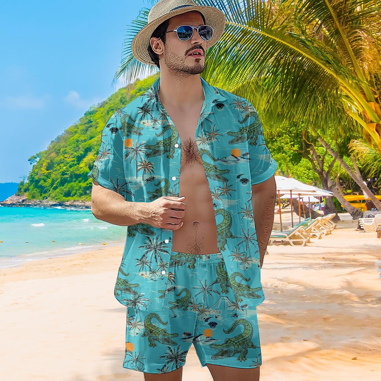 80s 90s Men's Hawaiian Outfits 2 Piece Shirt and Shorts Sets Button Down Beach Suits Disco Party - Image 4