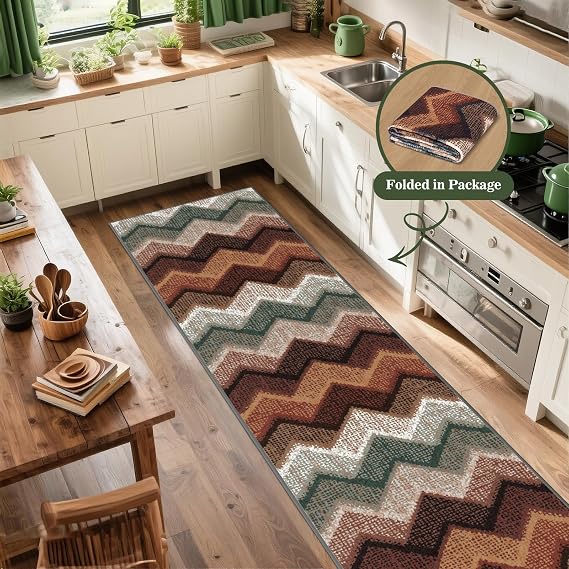 Boho Runner Rugs for Hallway Non Slip 60x240cm, Geometric Washable Kitchen Carpet Runner, Bohemian Long Hall Rug for Entryway Bedroom Laundry Living Room, Low Pile Non Shedding, Brown Green