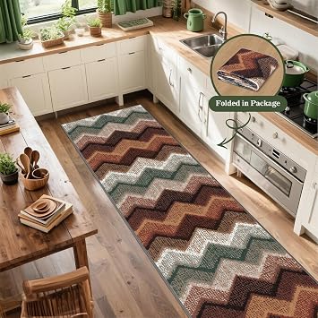 Boho Runner Rugs for Hallway Non Slip 60x240cm, Geometric Washable Kitchen Carpet Runner, Bohemian Long Hall Rug for Entryway Bedroom Laundry Living Room, Low Pile Non Shedding, Brown Green