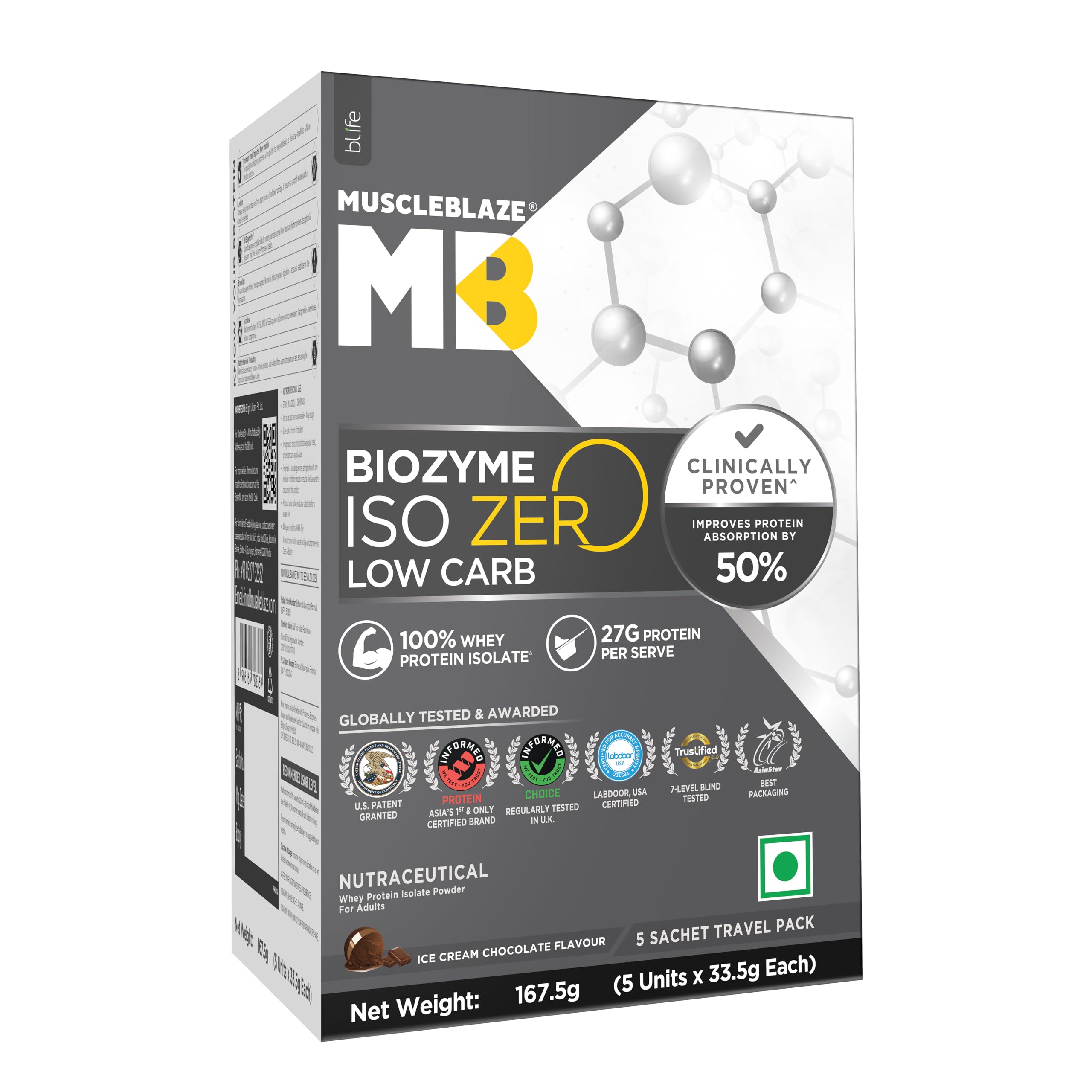 MuscleBlaze Biozyme Iso-Zero, Low Carb Whey Protein Isolate Powder (Ice Cream Chocolate (5x33.5g) | 5 Sachet Travel Pack | Clinically Tested 50% Higher Protein Absorption-image-28