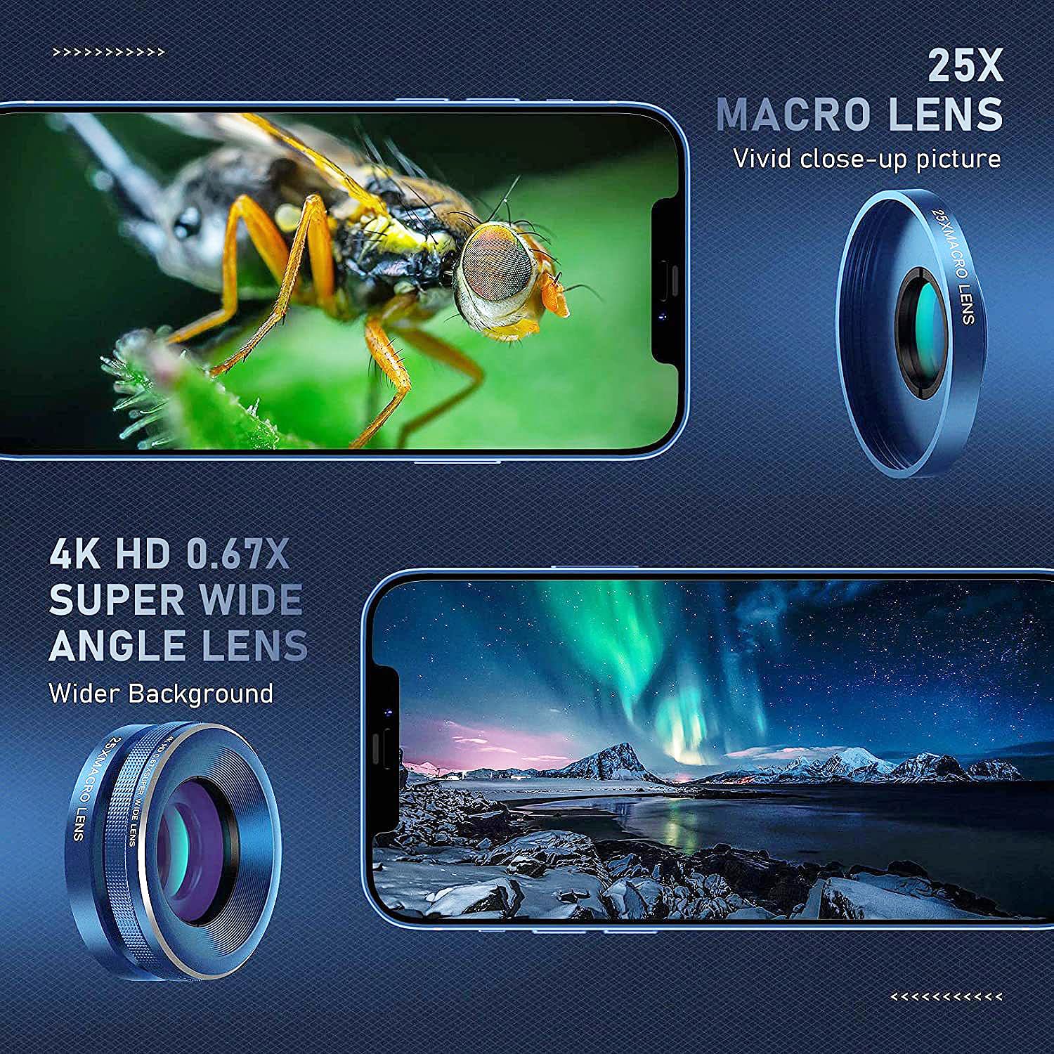 Kit de lente de cámara de teléfono, versión mejorada: incluye lente teleobjetivo 22X, lente ojo de pez de 205°, lente gran angular de 0.67X, lente macro 25X, clip y mini trípode para teléfonos