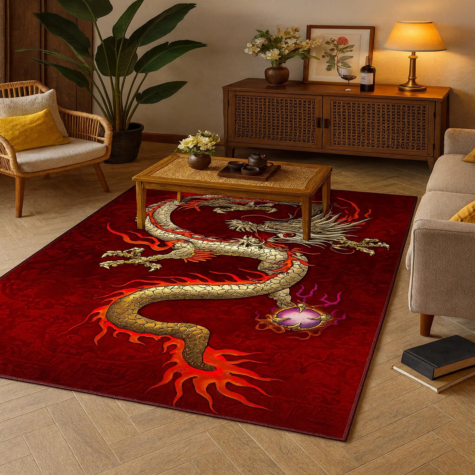 Tapis salon poils ras 100x160 lavable antidérapant rouge or