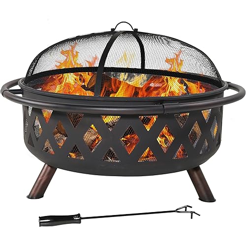 Sunnydaze Crossweave Outdoor Fire Pit - Wood-Burning Fire Pit for Outside with Spark Screen, Poker and Round Cover - 36-Inch - Black